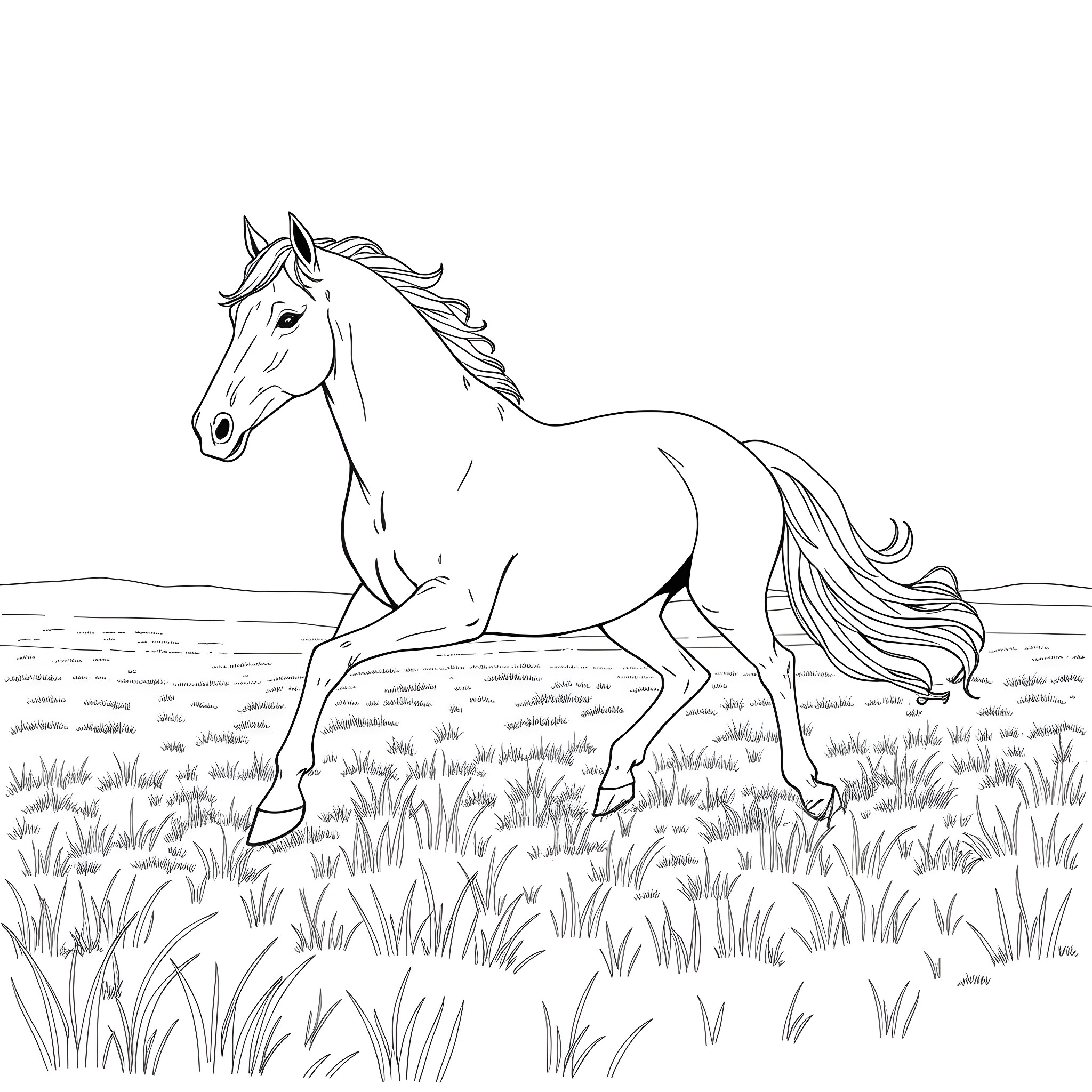 Horse Running Gracefully in the Meadow Coloring Page (free black-and-white line drawing printable PDF for all, from beginners to advanced learners, including children, teens, adults, and seniors)