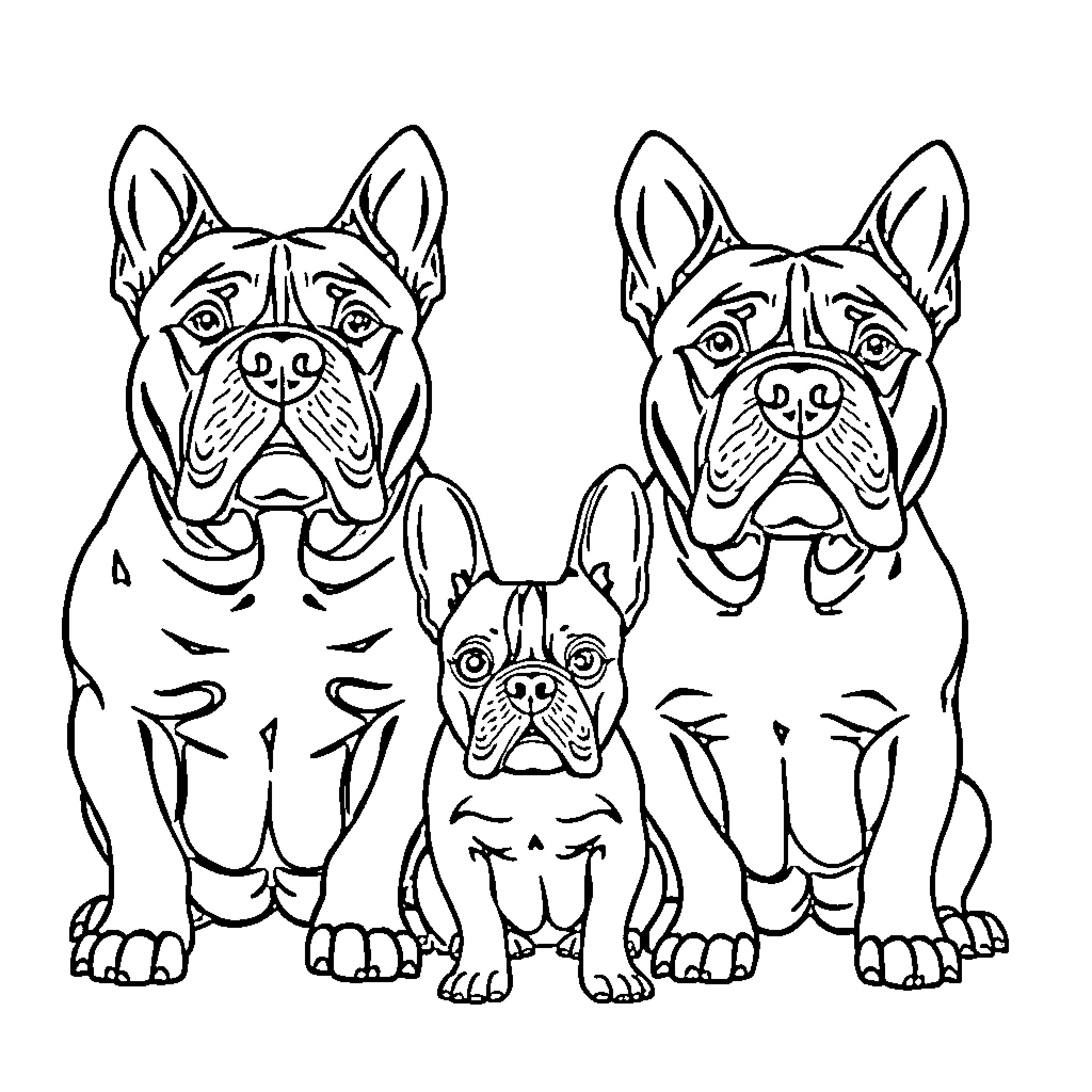 Dog Family Posing Together Coloring Page (free black-and-white line drawing printable PDF for all, from beginners to advanced learners, including children, teens, adults, and seniors)
