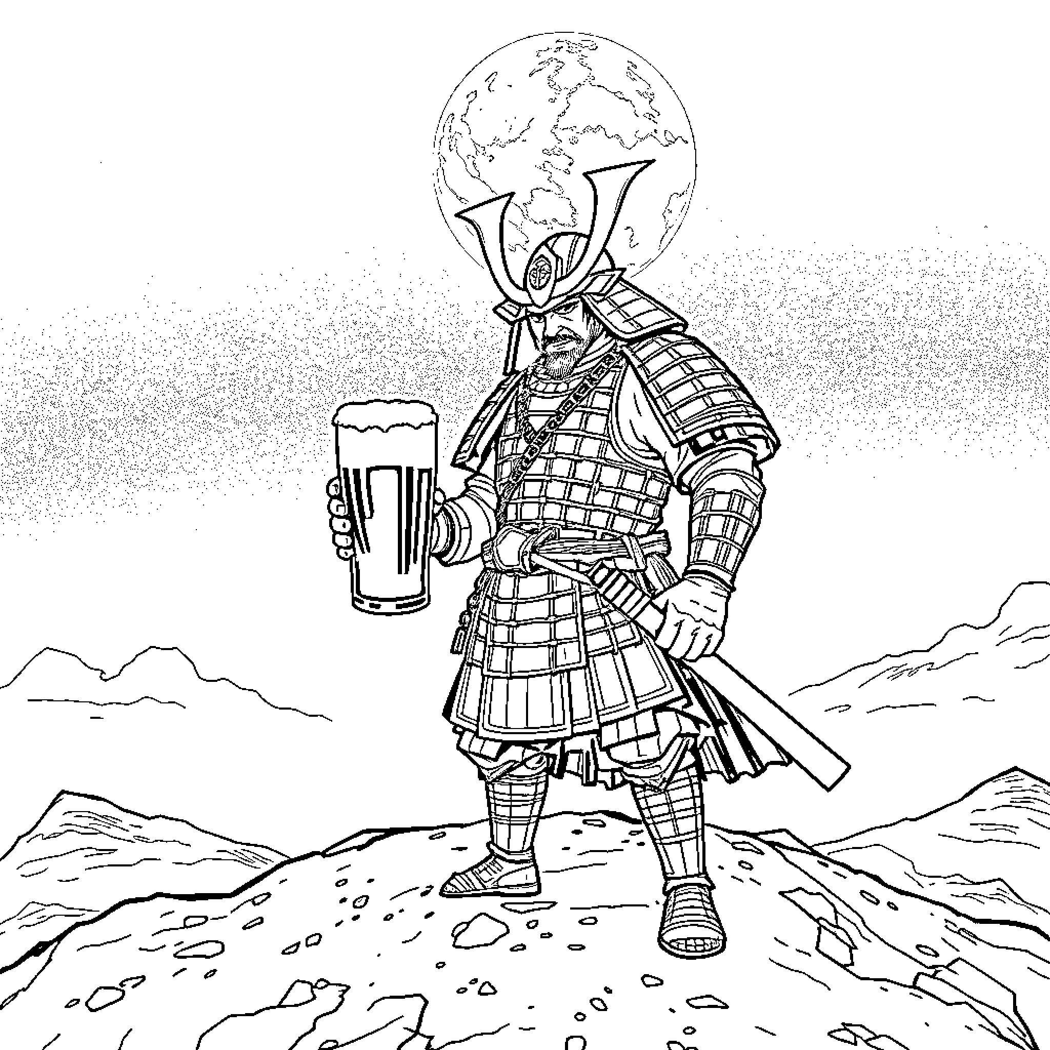 Samurai Warrior Raising a Glass in a Rugged Landscape Coloring Page (free black-and-white line drawing printable PDF for all, from beginners to advanced learners, including children, teens, adults, and seniors)