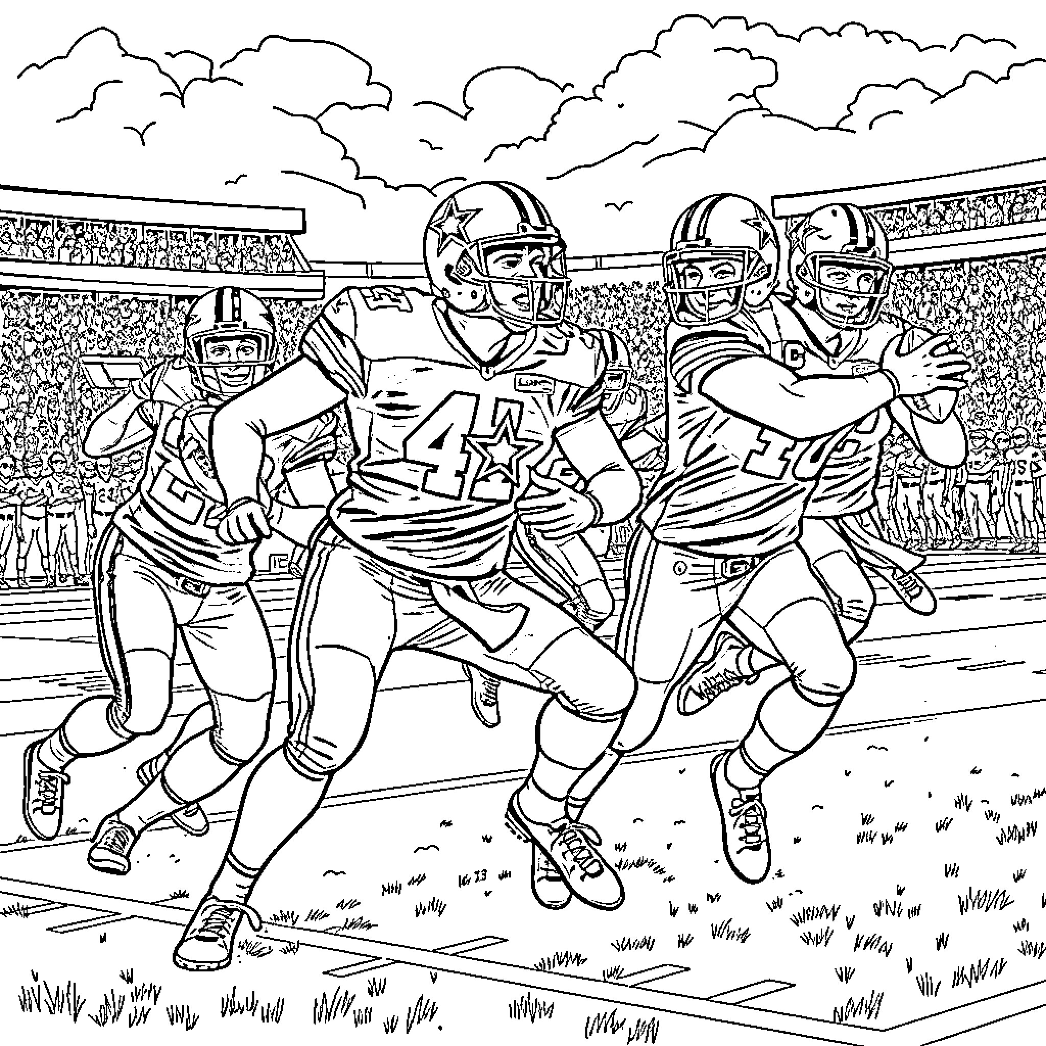 Dallas Cowboys Players in Football Game Action Coloring Page (free black-and-white line drawing printable PDF for all, from beginners to advanced learners, including children, teens, adults, and seniors)