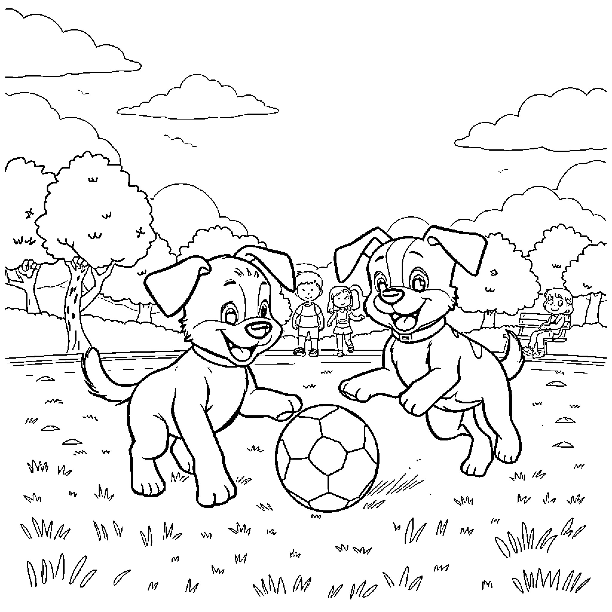Bluey and friends play with a soccer ball in the park Coloring Page (free black-and-white line drawing printable PDF for all, from beginners to advanced learners, including children, teens, adults, and seniors)