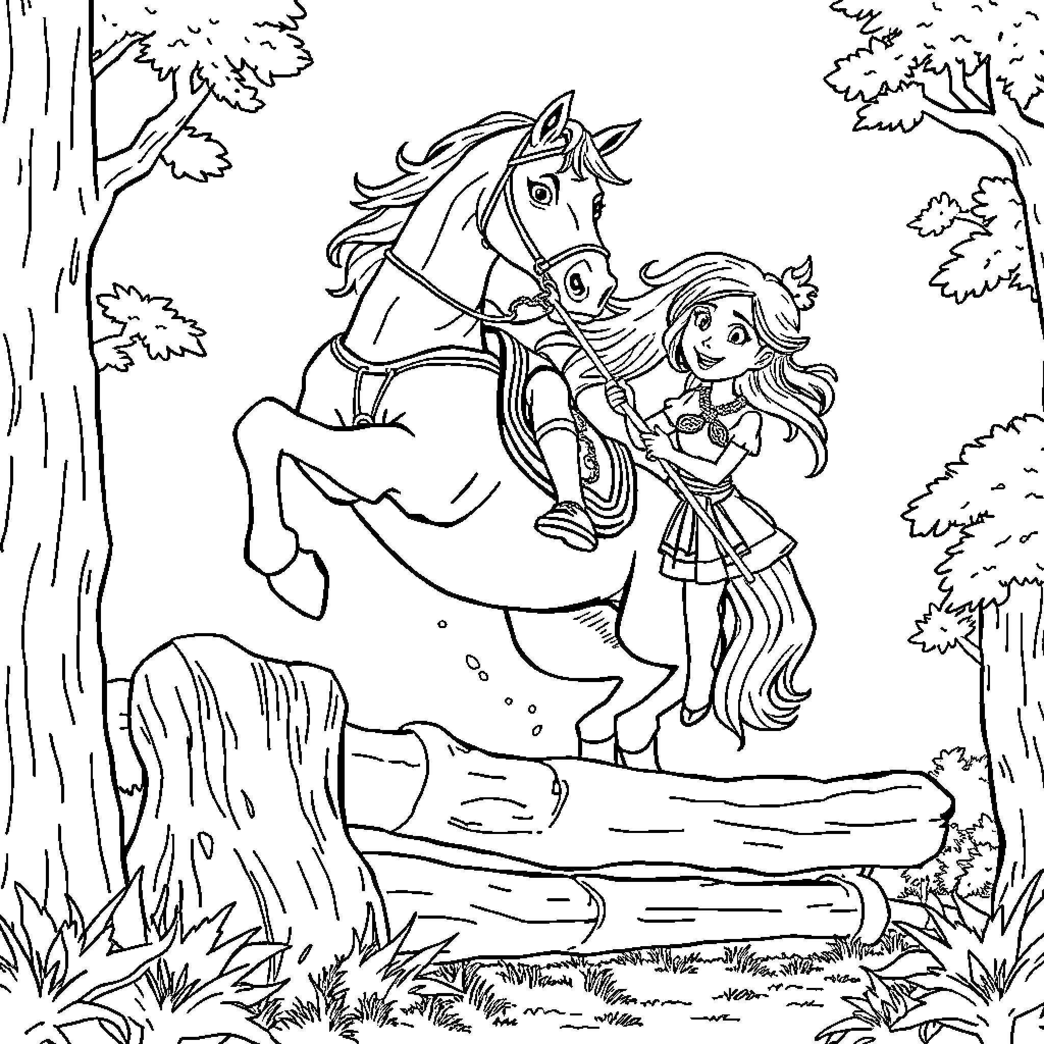 Horse and rider in forest adventure Coloring Page (free black-and-white line drawing printable PDF for all, from beginners to advanced learners, including children, teens, adults, and seniors)