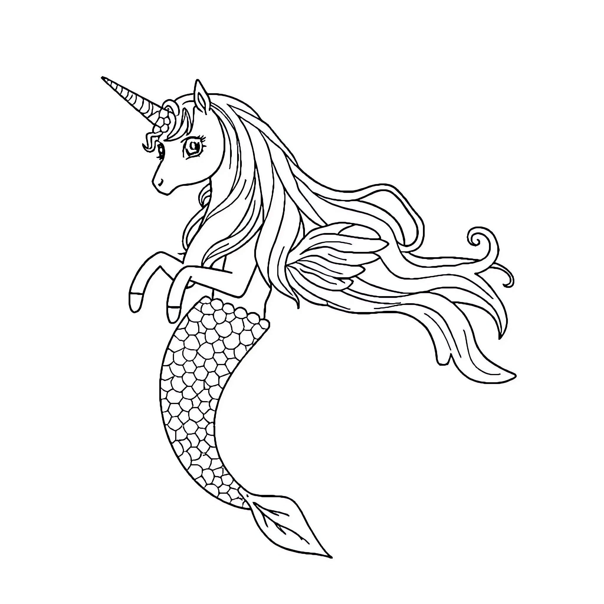 Unicorn mermaid swimming gracefully Coloring Page (free black-and-white line drawing printable PDF for all, from beginners to advanced learners, including children, teens, adults, and seniors)