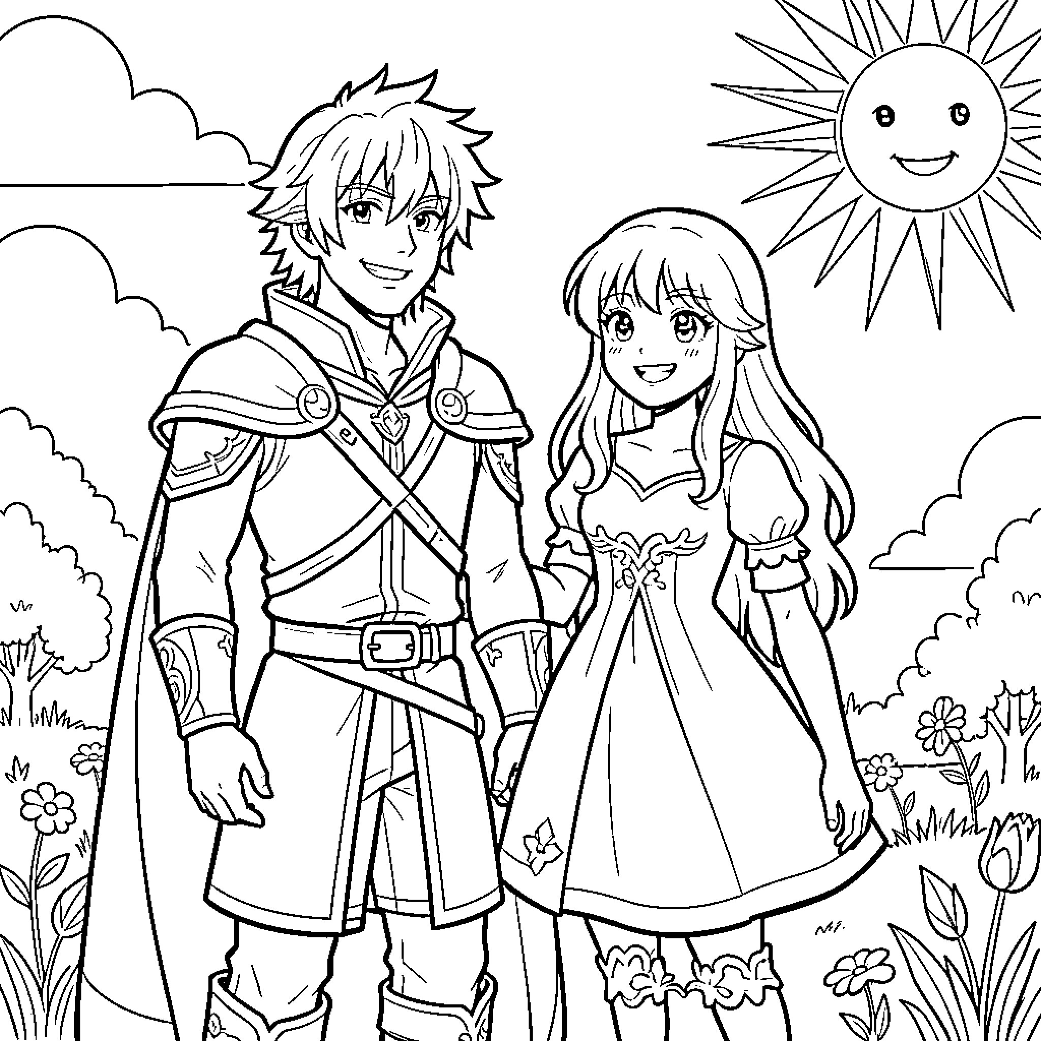 Meliodas and Elizabeth in a sunny outdoor scene Coloring Page (free black-and-white line drawing printable PDF for all, from beginners to advanced learners, including children, teens, adults, and seniors)