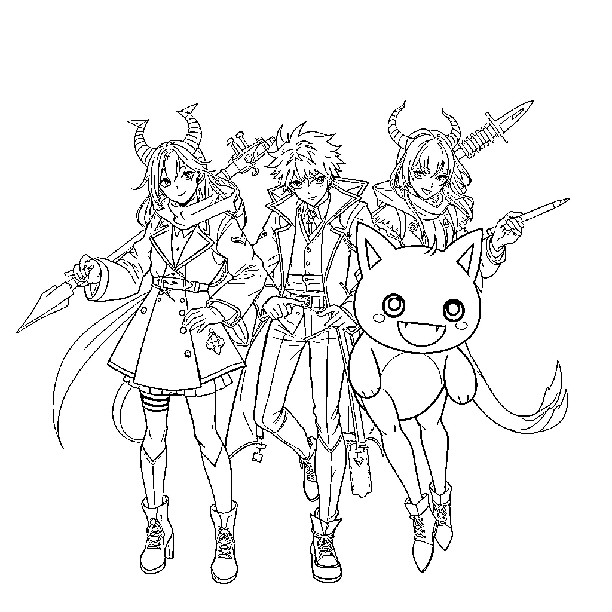 K-POP Demon Hunters in Action Coloring Page (free black-and-white line drawing printable PDF for all, from beginners to advanced learners, including children, teens, adults, and seniors)