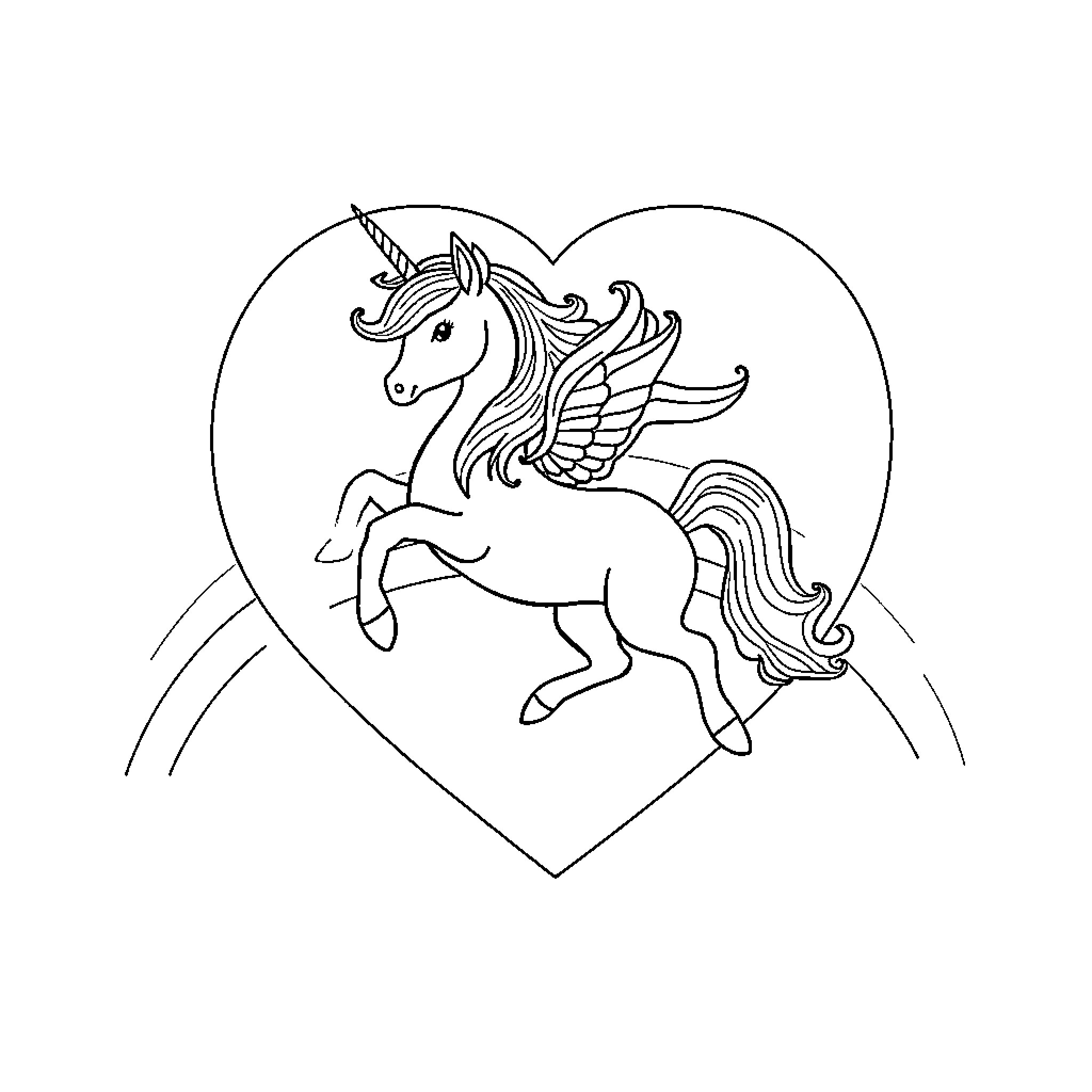 Unicorn soaring with wings in heart-shaped scene Coloring Page (free black-and-white line drawing printable PDF for all, from beginners to advanced learners, including children, teens, adults, and seniors)