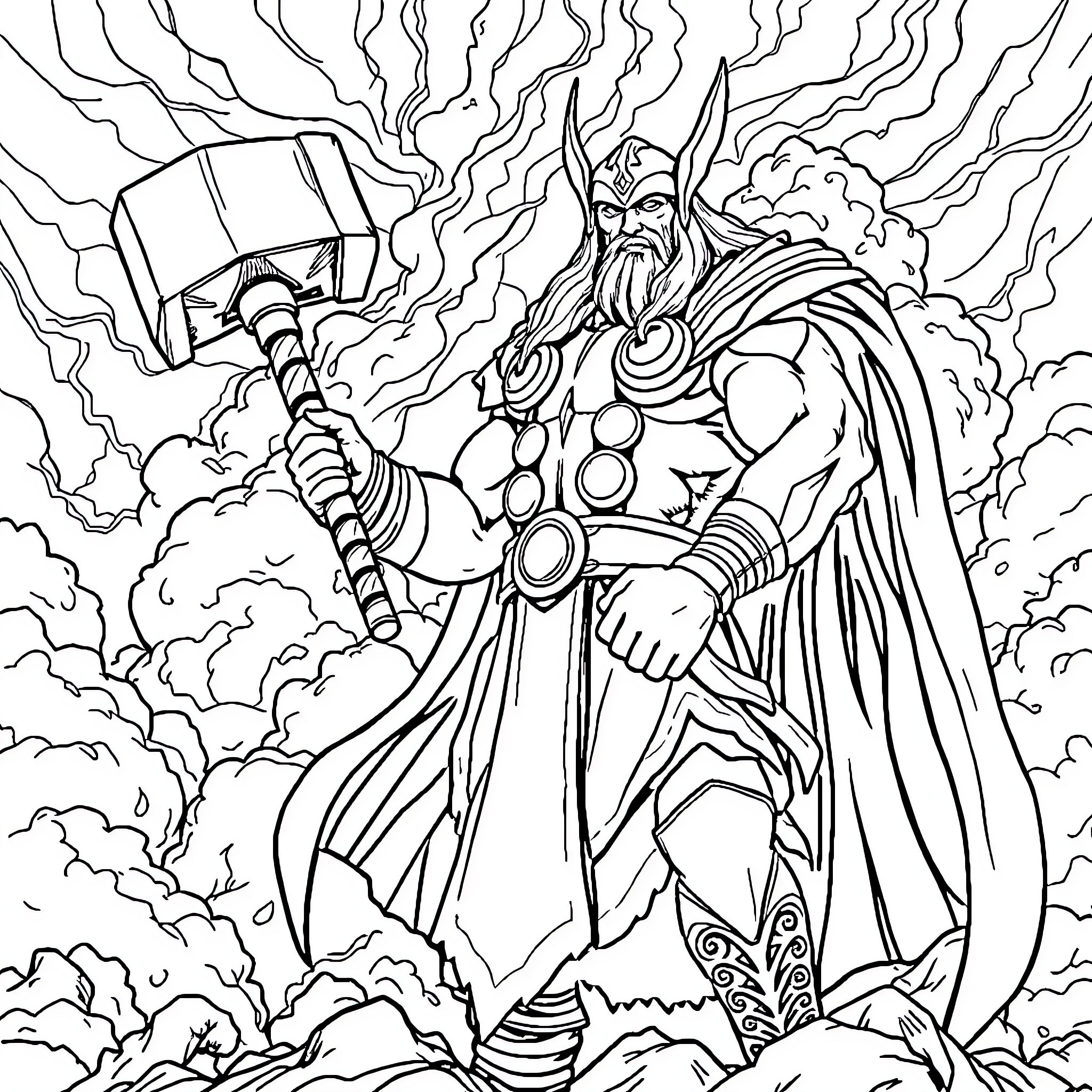 Thor wielding his mighty hammer in a stormy scene Coloring Page (free black-and-white line drawing printable PDF for all, from beginners to advanced learners, including children, teens, adults, and seniors)