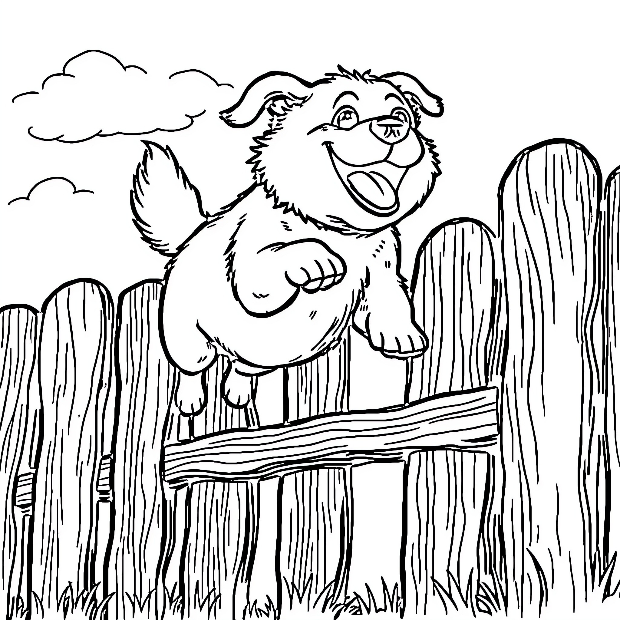 Dog joyfully jumping on a wooden fence Coloring Page (free black-and-white line drawing printable PDF for all, from beginners to advanced learners, including children, teens, adults, and seniors)