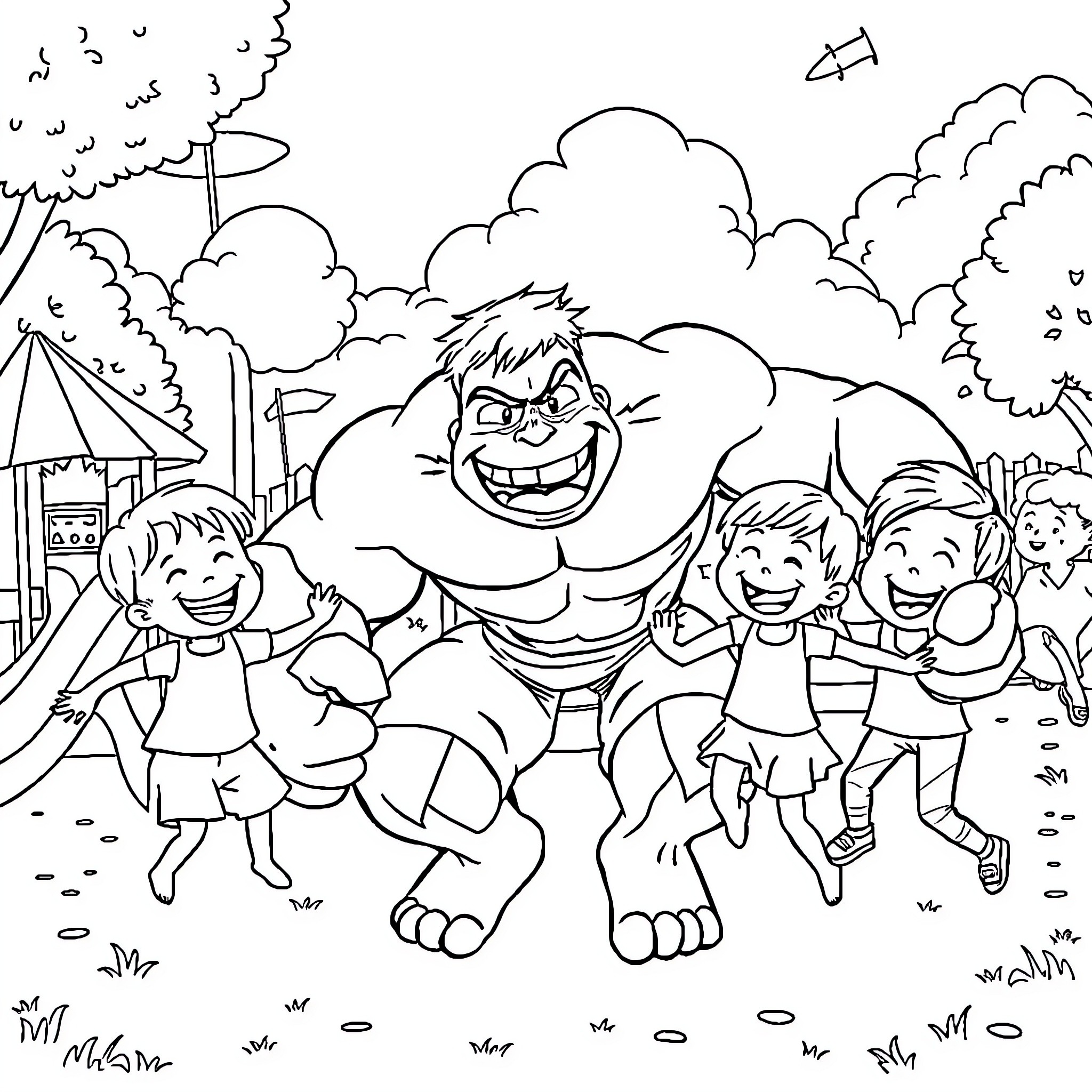 Hulk cheerfully playing with children in the park Coloring Page (free black-and-white line drawing printable PDF for all, from beginners to advanced learners, including children, teens, adults, and seniors)