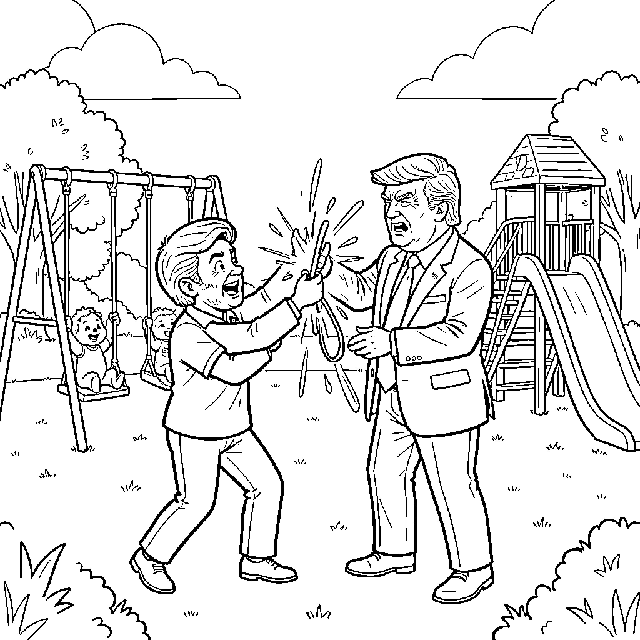 Iran Family Outdoor Dispute in Playground Coloring Page (free black-and-white line drawing printable PDF for all, from beginners to advanced learners, including children, teens, adults, and seniors)