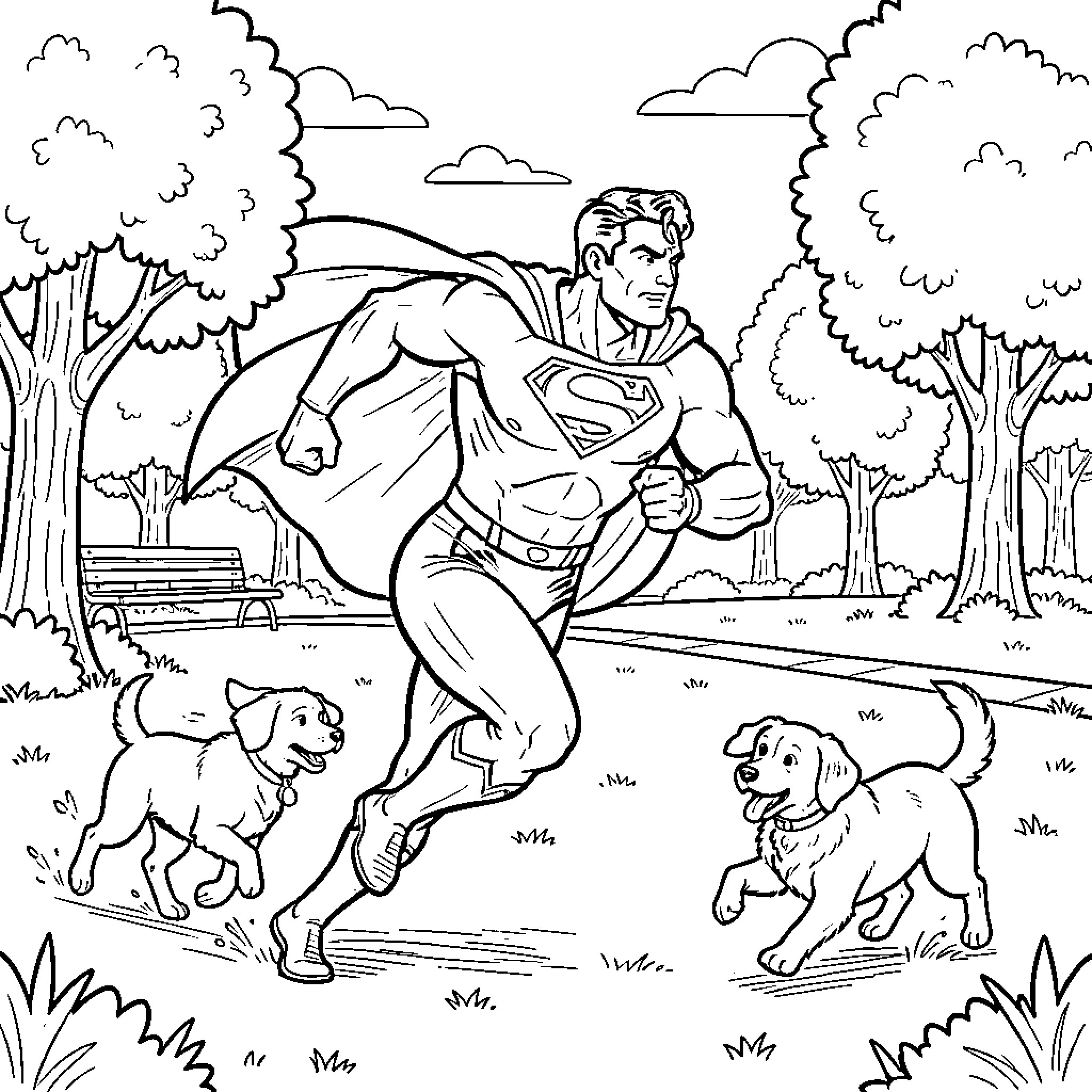 Superman running through a park with playful dogs Coloring Page (free black-and-white line drawing printable PDF for all, from beginners to advanced learners, including children, teens, adults, and seniors)