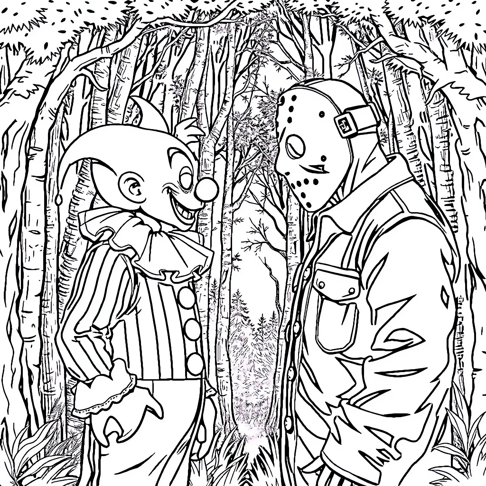 Clown characters exploring the whimsical forest Coloring Page (free black-and-white line drawing printable PDF for all, from beginners to advanced learners, including children, teens, adults, and seniors)