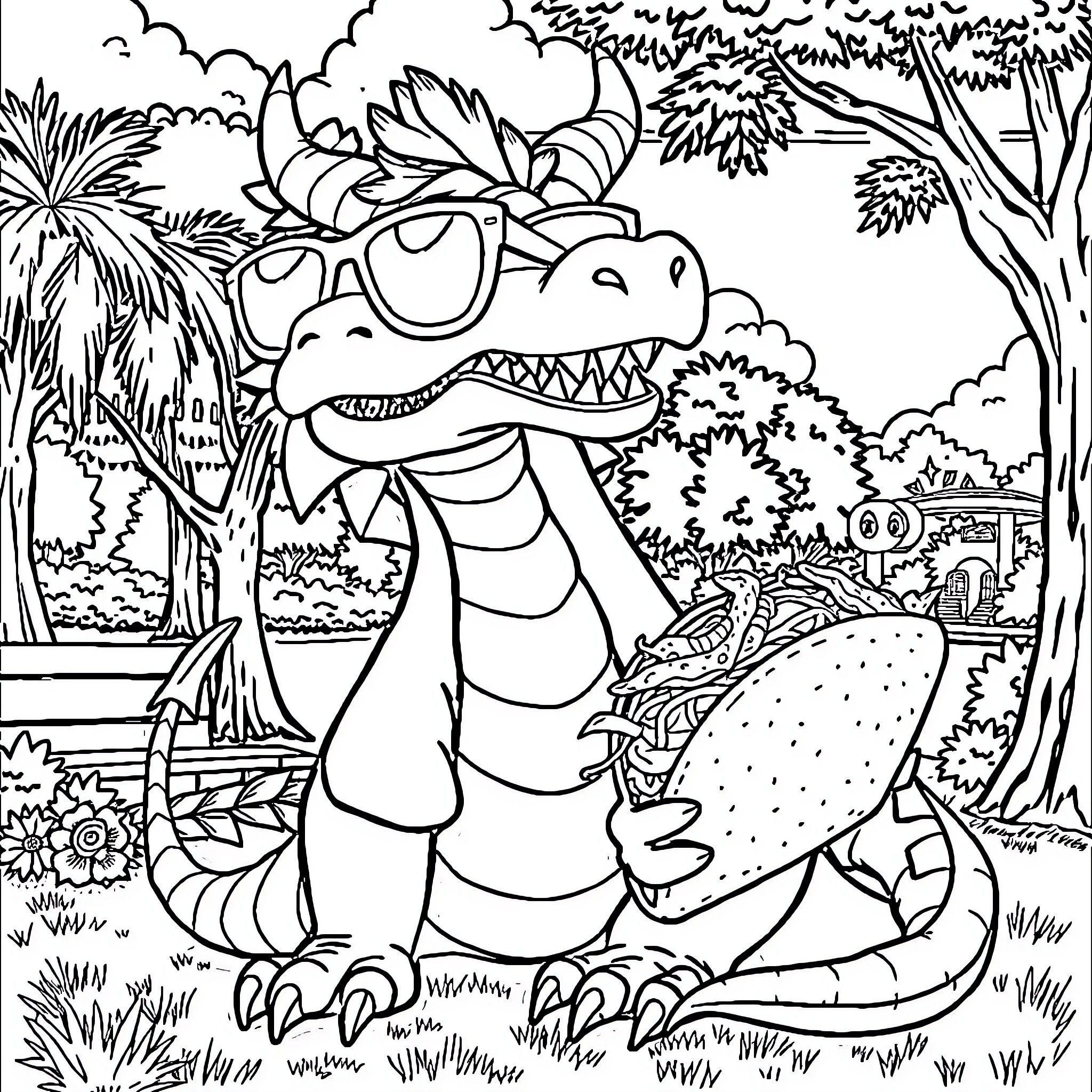 Dragon enjoying a tropical jungle adventure Coloring Page (free black-and-white line drawing printable PDF for all, from beginners to advanced learners, including children, teens, adults, and seniors)