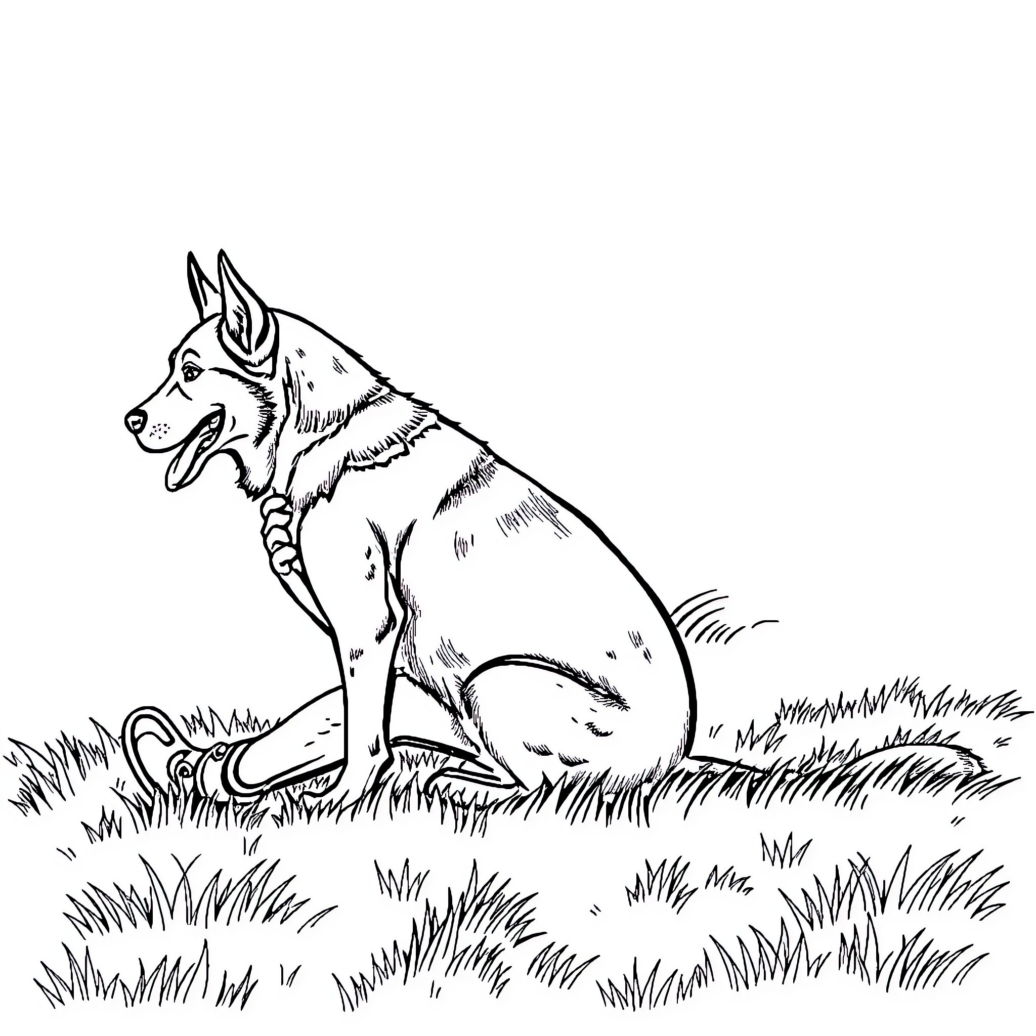 Dog resting in grassy field Coloring Page (free black-and-white line drawing printable PDF for all, from beginners to advanced learners, including children, teens, adults, and seniors)