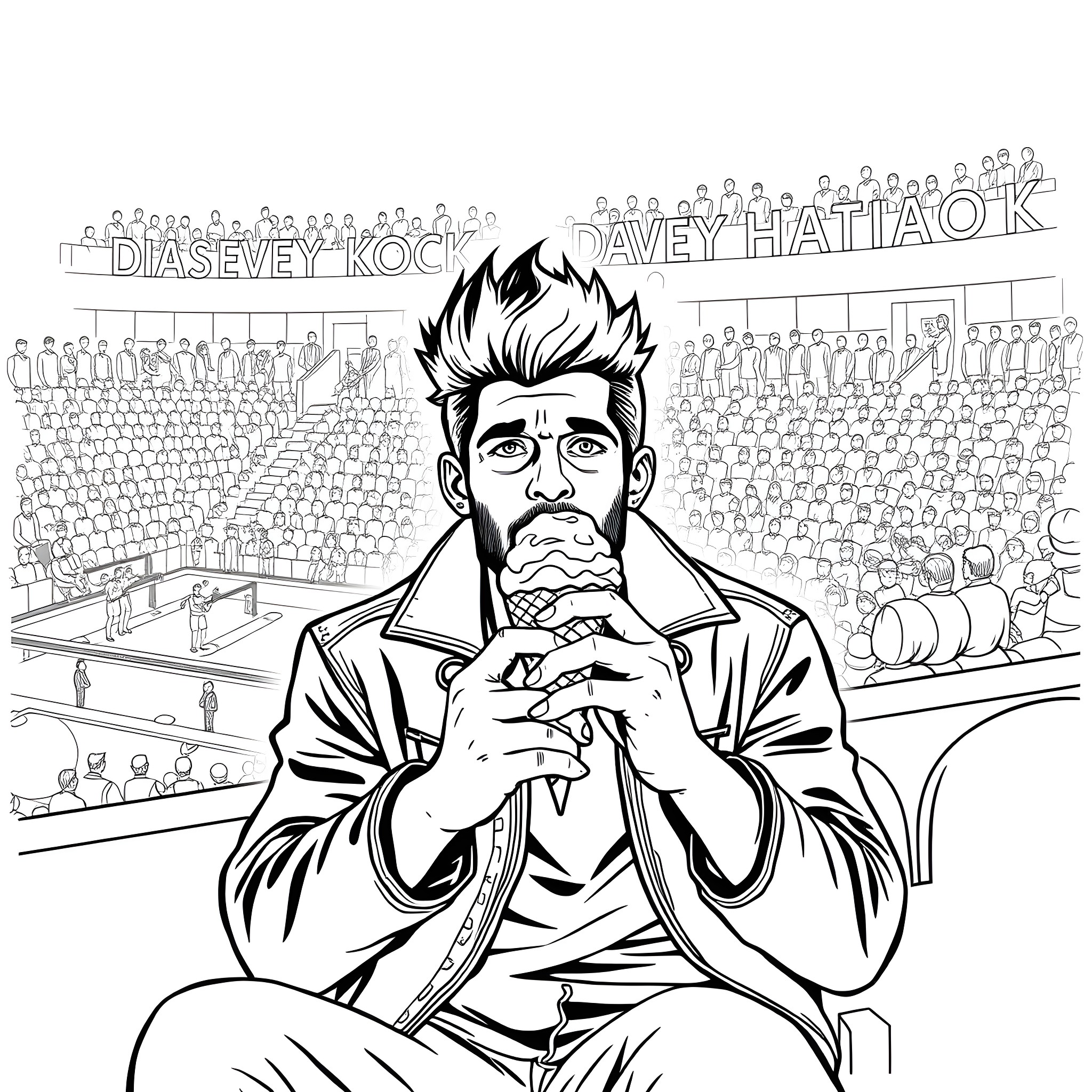 Davey Havok on stage performing for a crowd Coloring Page (free black-and-white line drawing printable PDF for all, from beginners to advanced learners, including children, teens, adults, and seniors)