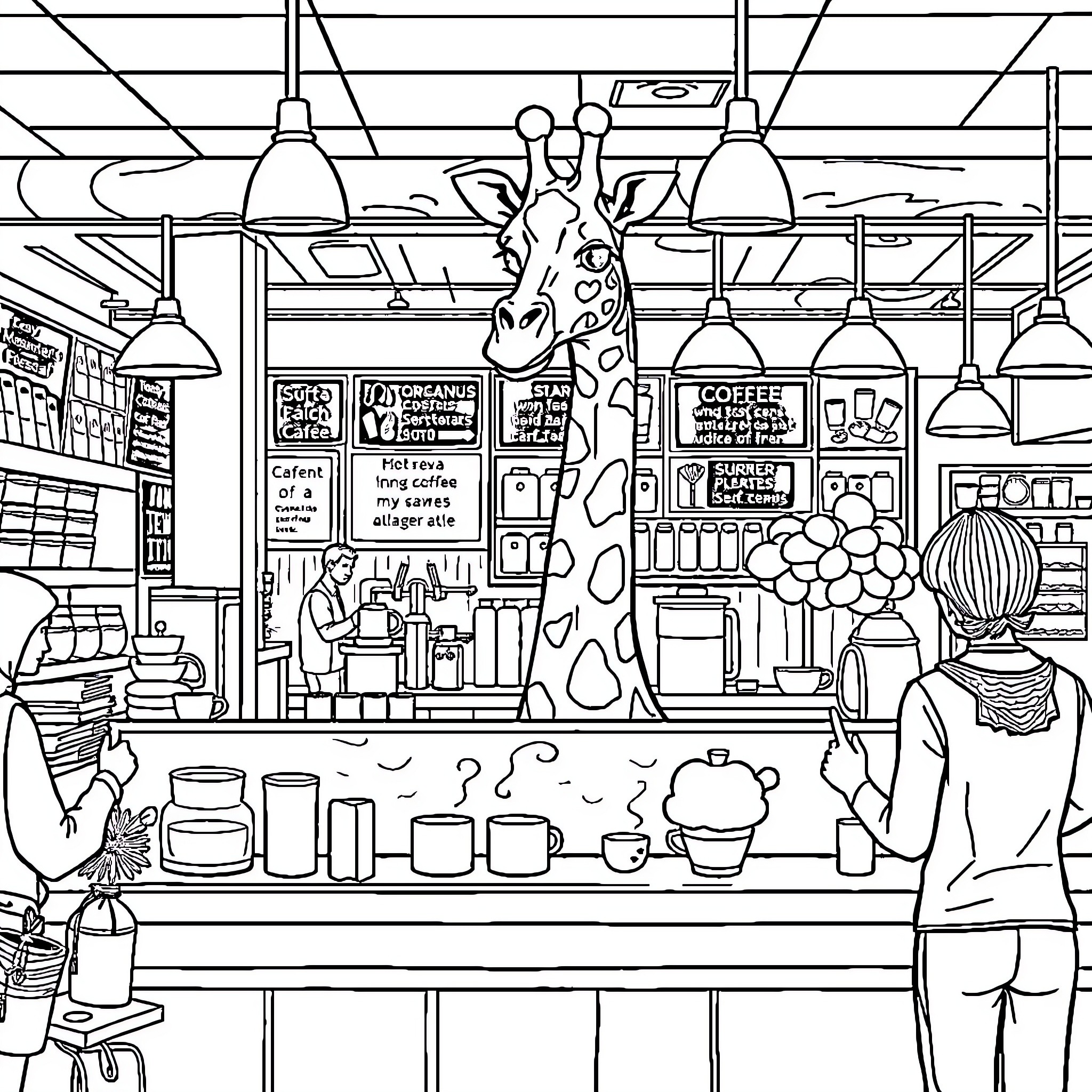 Giraffe observing busy cafe interior Coloring Page (free black-and-white line drawing printable PDF for all, from beginners to advanced learners, including children, teens, adults, and seniors)