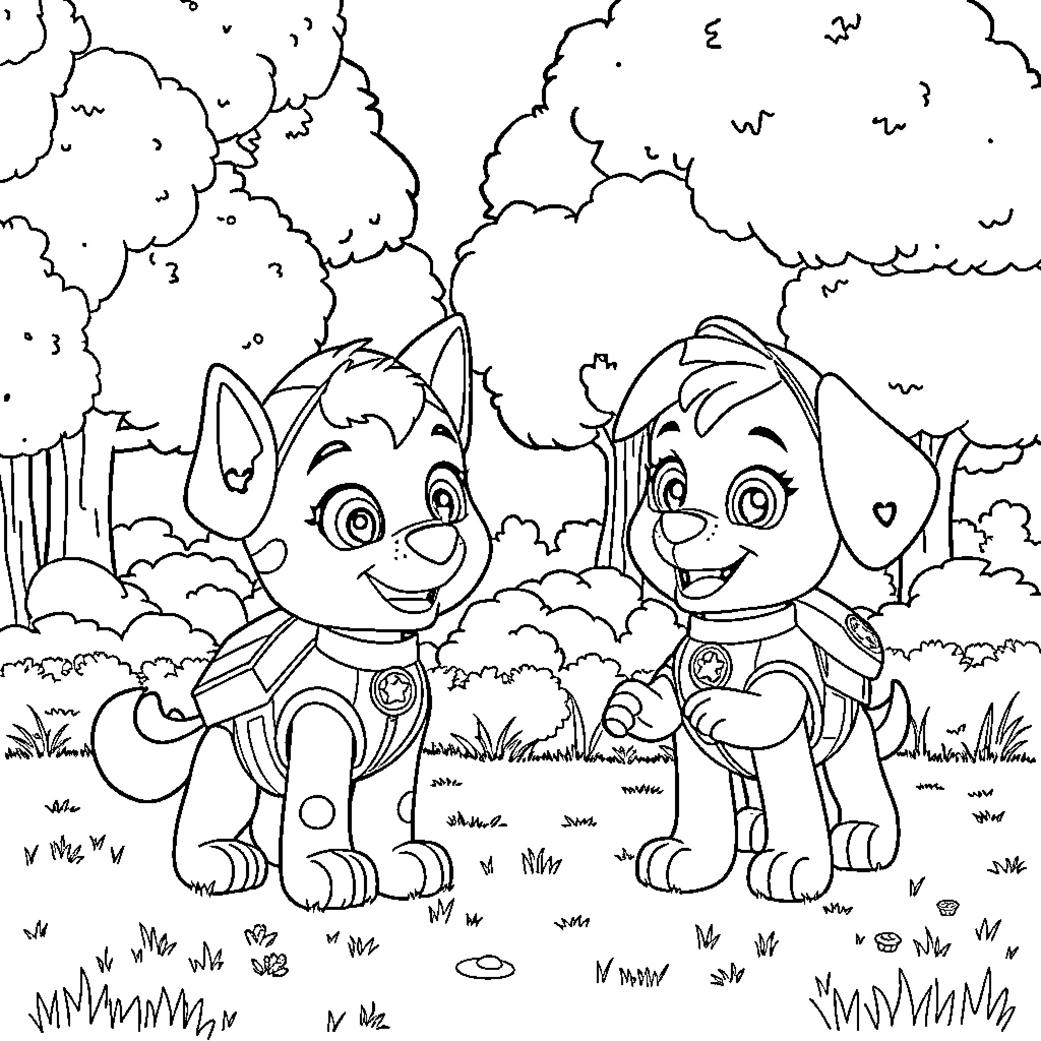 Skye and Chase exploring the forest together Coloring Page (free black-and-white line drawing printable PDF for all, from beginners to advanced learners, including children, teens, adults, and seniors)