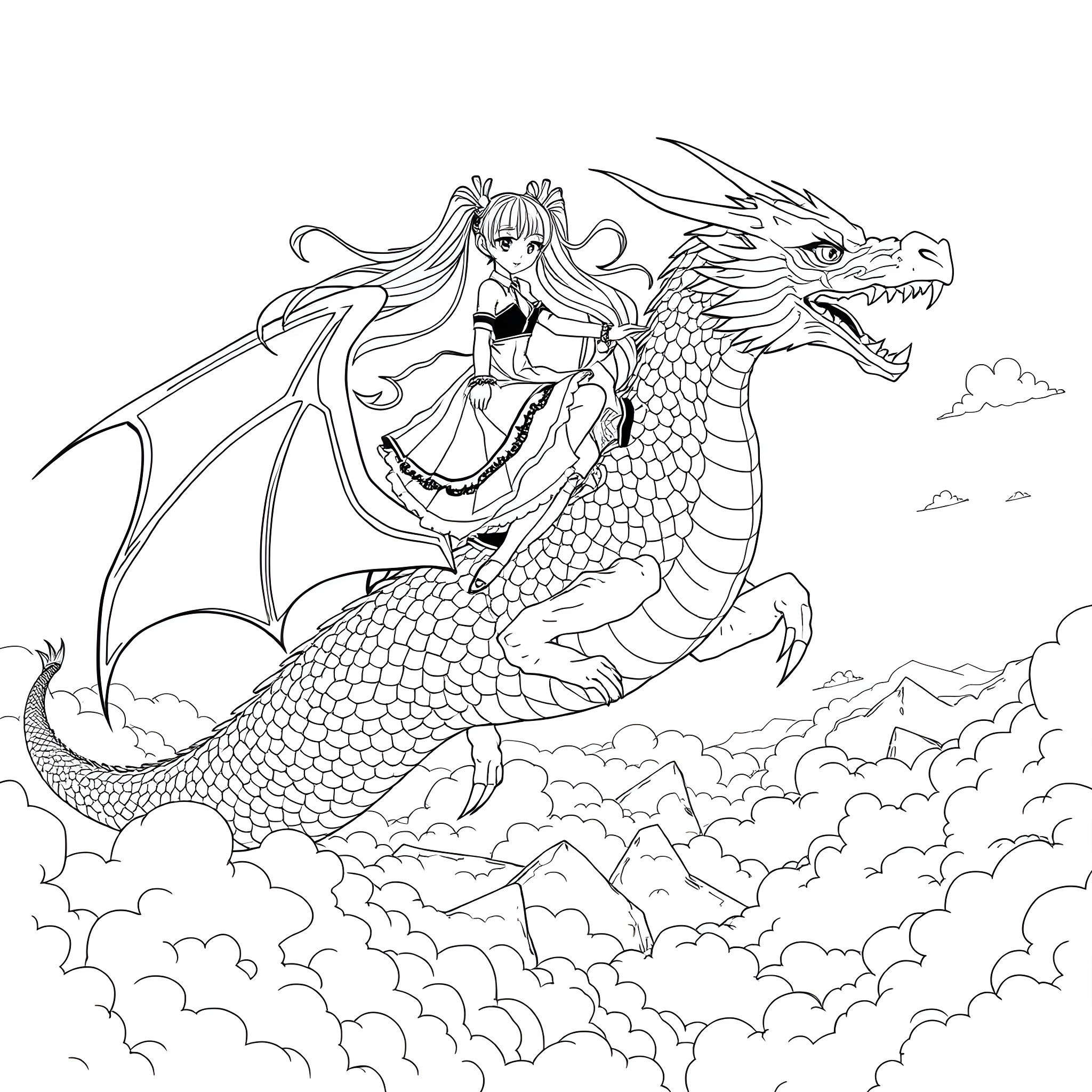 Miku Hatsune riding a majestic dragon in the clouds Coloring Page (free black-and-white line drawing printable PDF for all, from beginners to advanced learners, including children, teens, adults, and seniors)