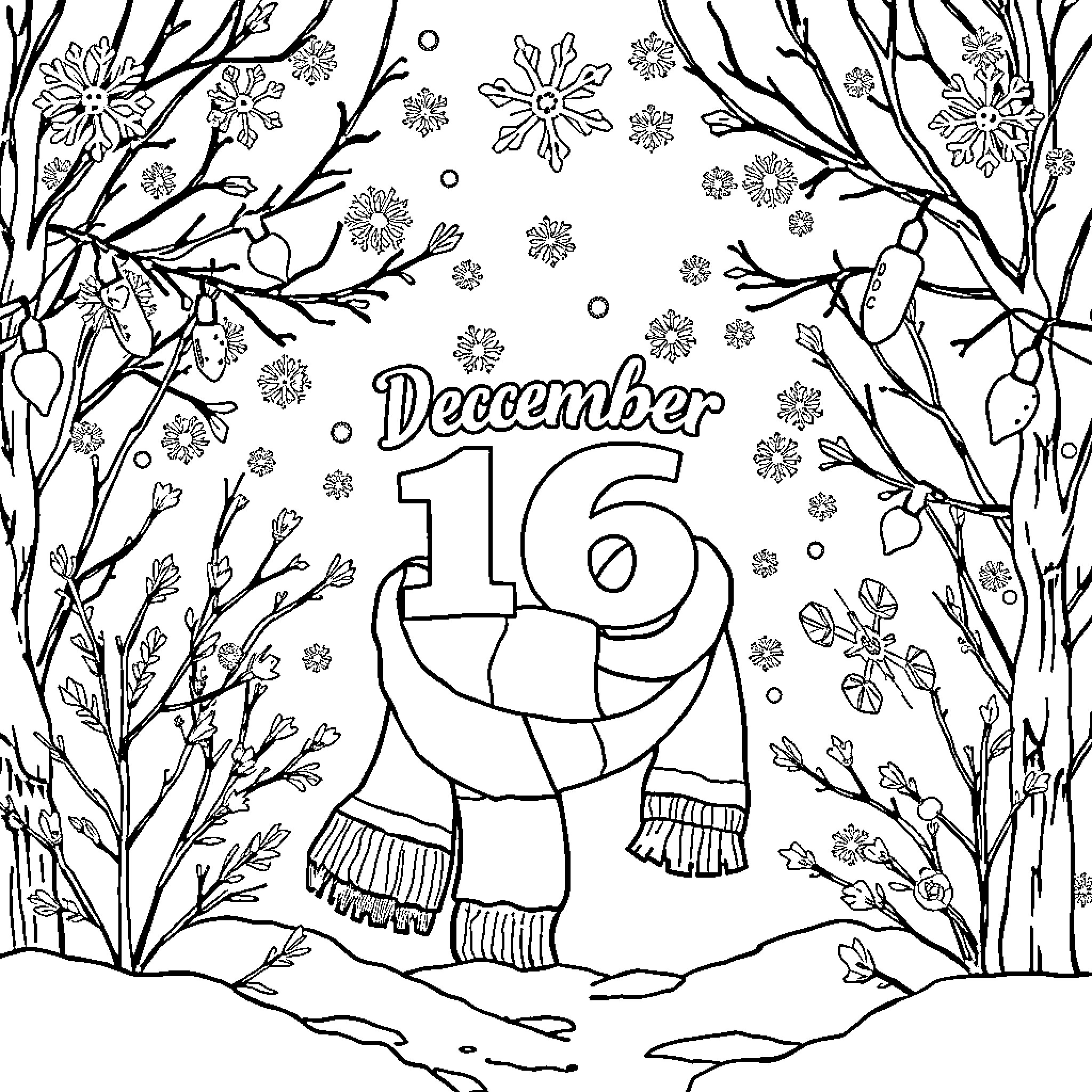 December 16 winter scene with snowflakes and nature Coloring Page (free black-and-white line drawing printable PDF for all, from beginners to advanced learners, including children, teens, adults, and seniors)