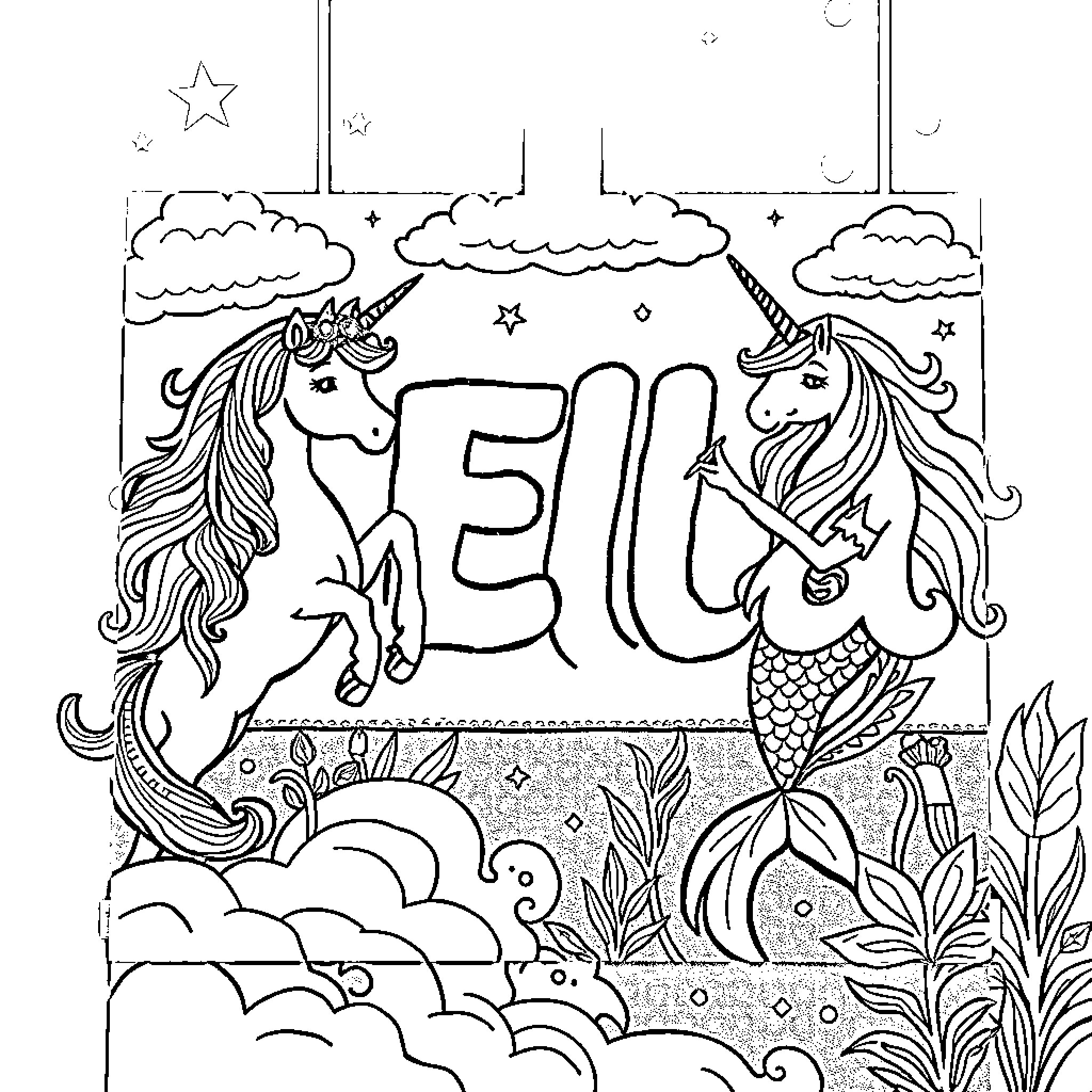Unicorn Mermaids Celebrating with Magical Decorations Coloring Page (free black-and-white line drawing printable PDF for all, from beginners to advanced learners, including children, teens, adults, and seniors)