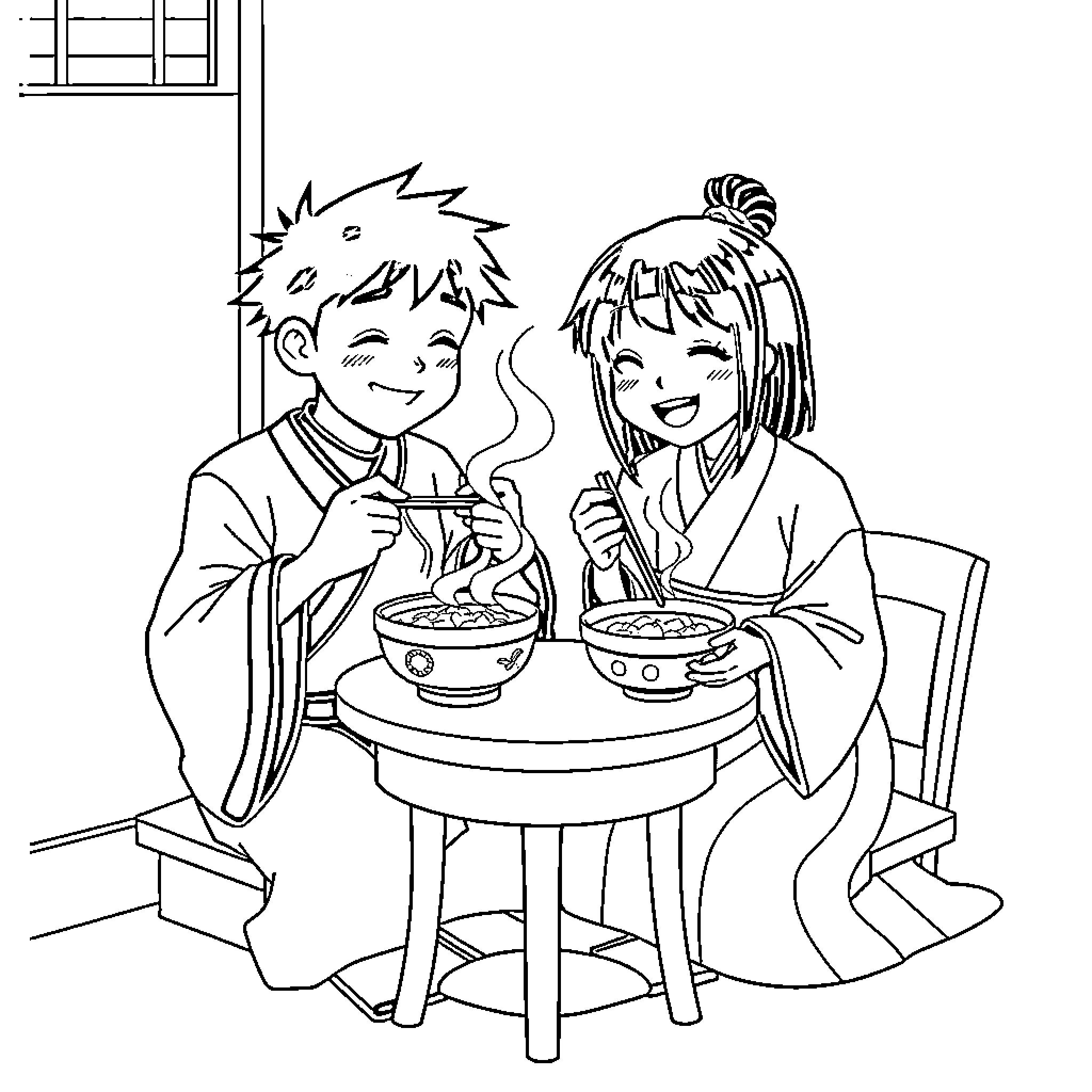 Tanjiro and friend enjoying a warm meal together Coloring Page (free black-and-white line drawing printable PDF for all, from beginners to advanced learners, including children, teens, adults, and seniors)