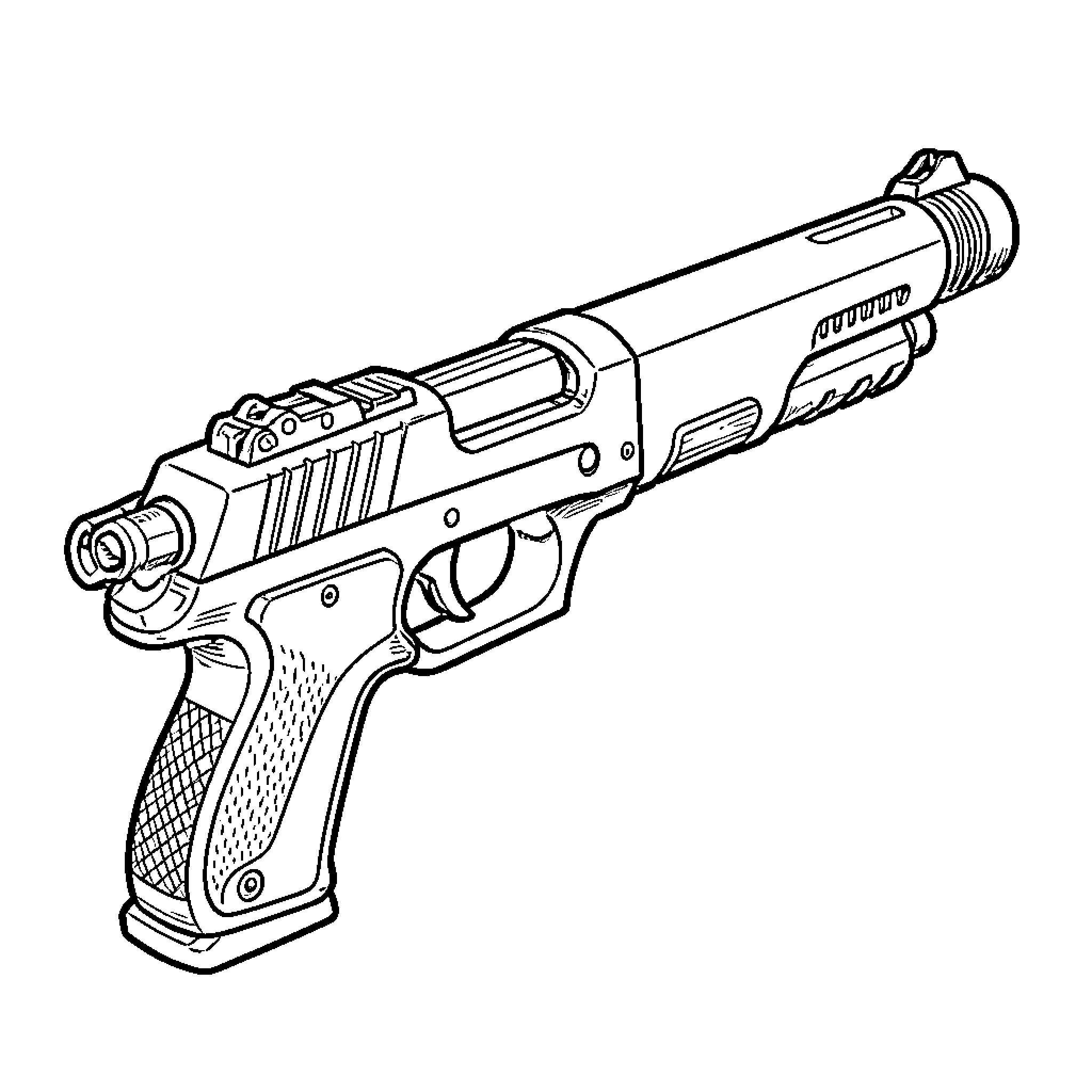 RPG modern tactical handgun resting on a surface Coloring Page (free black-and-white line drawing printable PDF for all, from beginners to advanced learners, including children, teens, adults, and seniors)