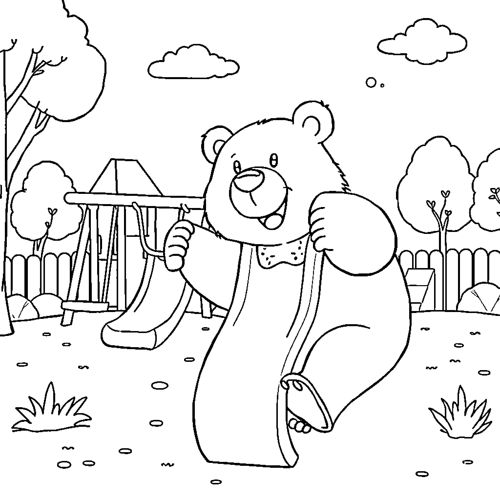 Bear playing on playground slides Coloring Page (free black-and-white line drawing printable PDF for all, from beginners to advanced learners, including children, teens, adults, and seniors)