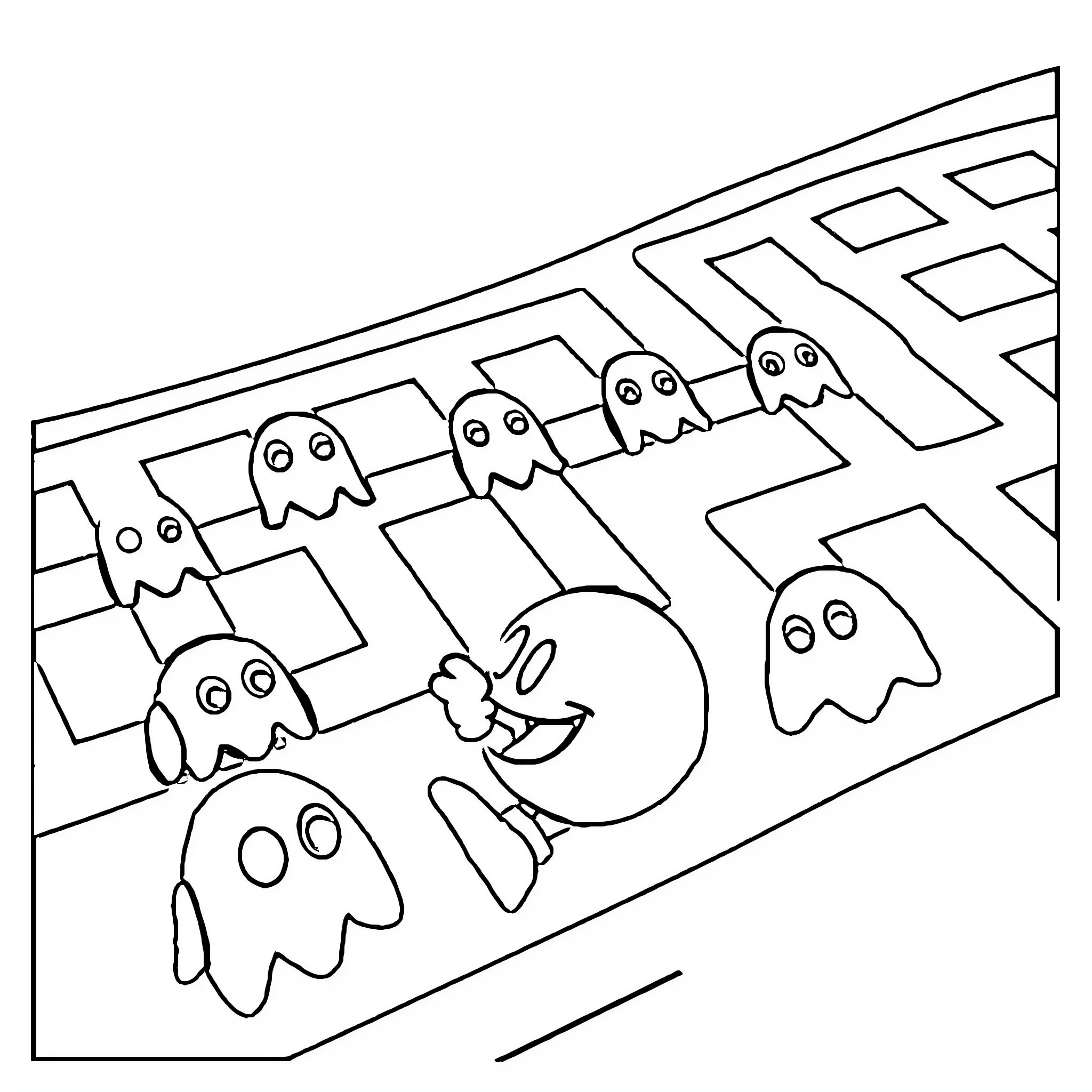 Pacman chasing ghosts in a maze Coloring Page (free black-and-white line drawing printable PDF for all, from beginners to advanced learners, including children, teens, adults, and seniors)