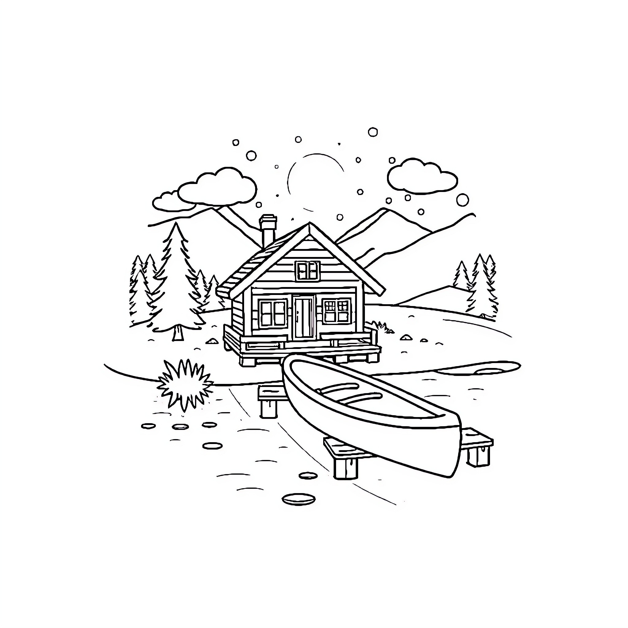 Cabin by the lake with boat Coloring Page (free black-and-white line drawing printable PDF for all, from beginners to advanced learners, including children, teens, adults, and seniors)