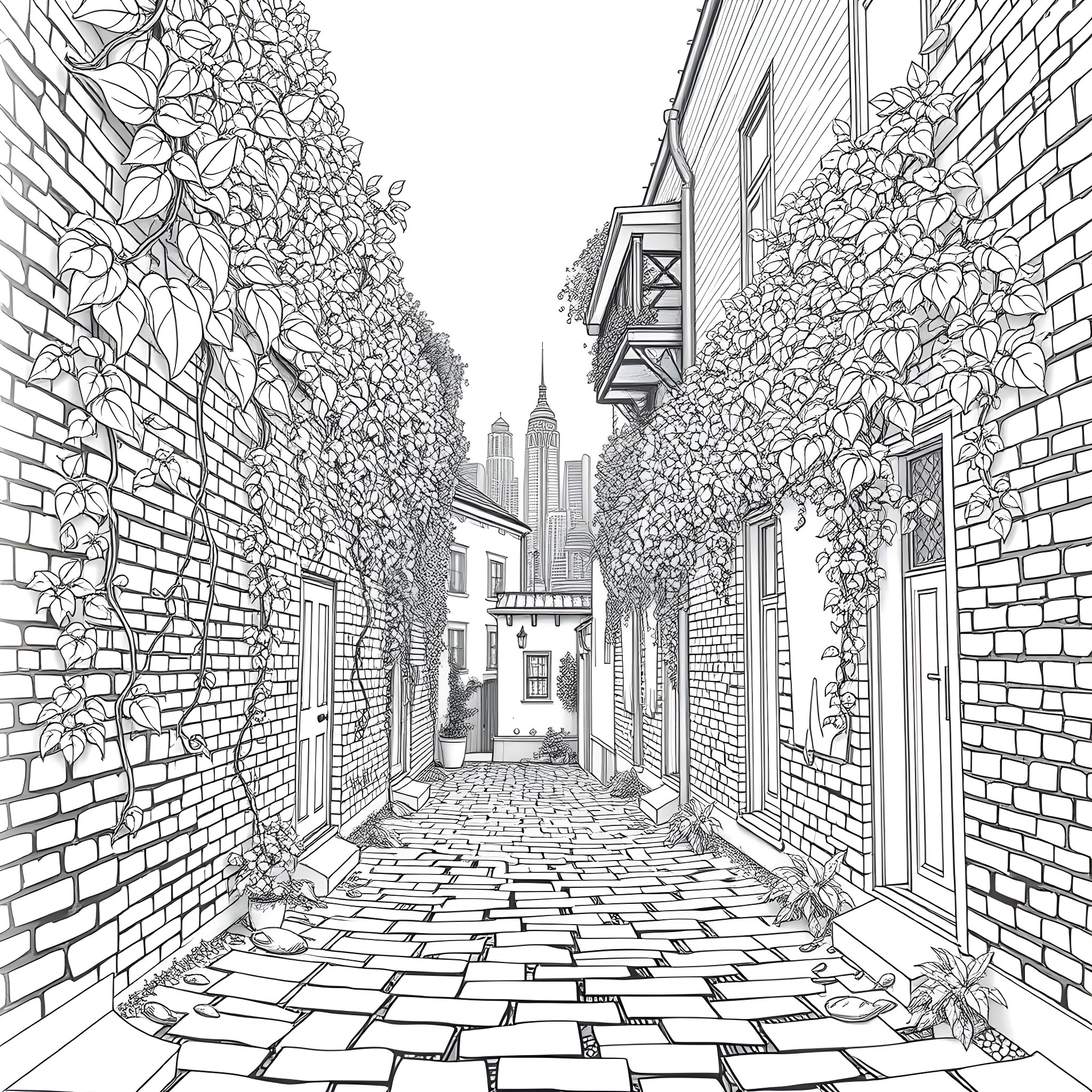 Alleyway with intricate floral designs and urban architecture Coloring Page (free black-and-white line drawing printable PDF for all, from beginners to advanced learners, including children, teens, adults, and seniors)