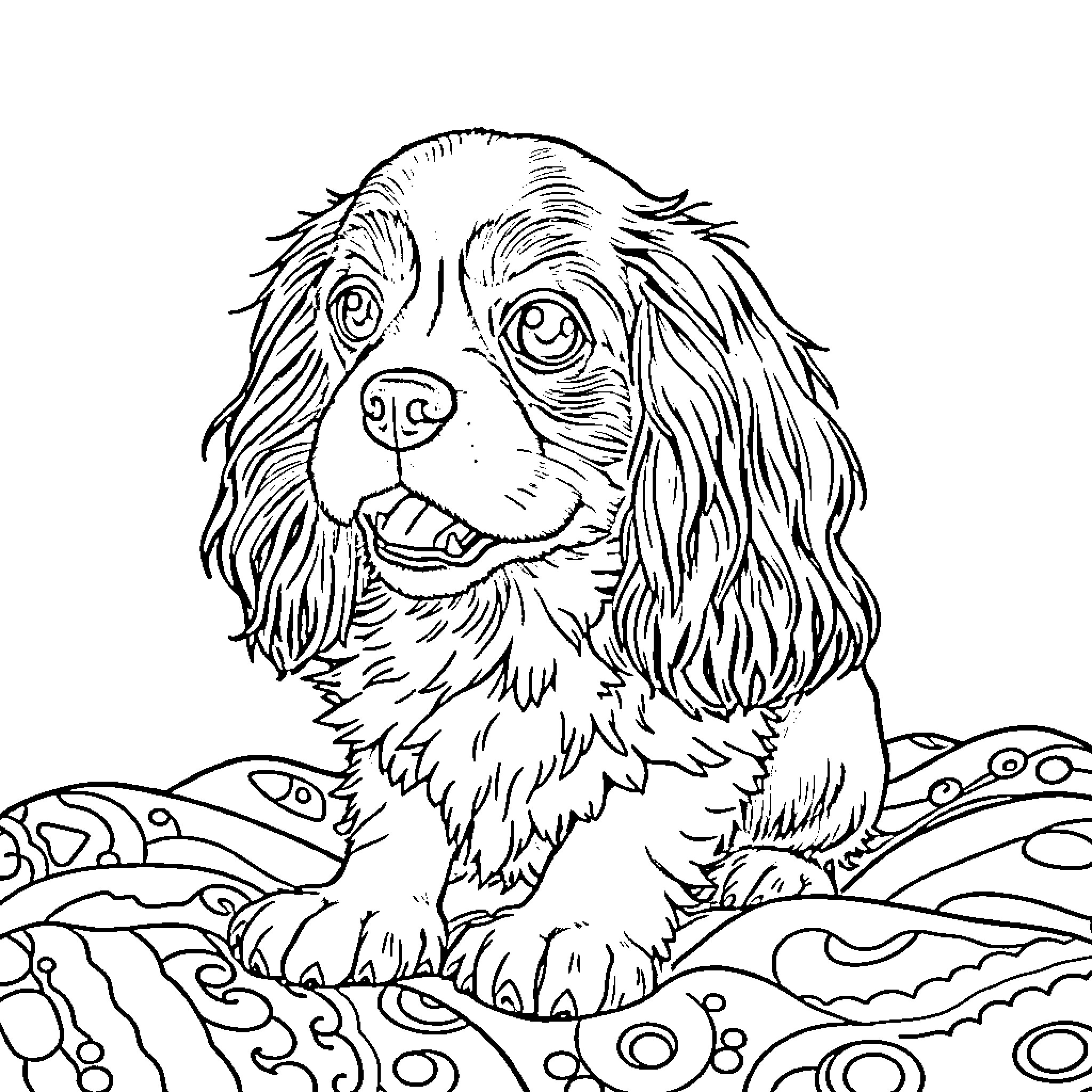 Cavalier King Charles Spaniel sitting on patterned floor Coloring Page (free black-and-white line drawing printable PDF for all, from beginners to advanced learners, including children, teens, adults, and seniors)