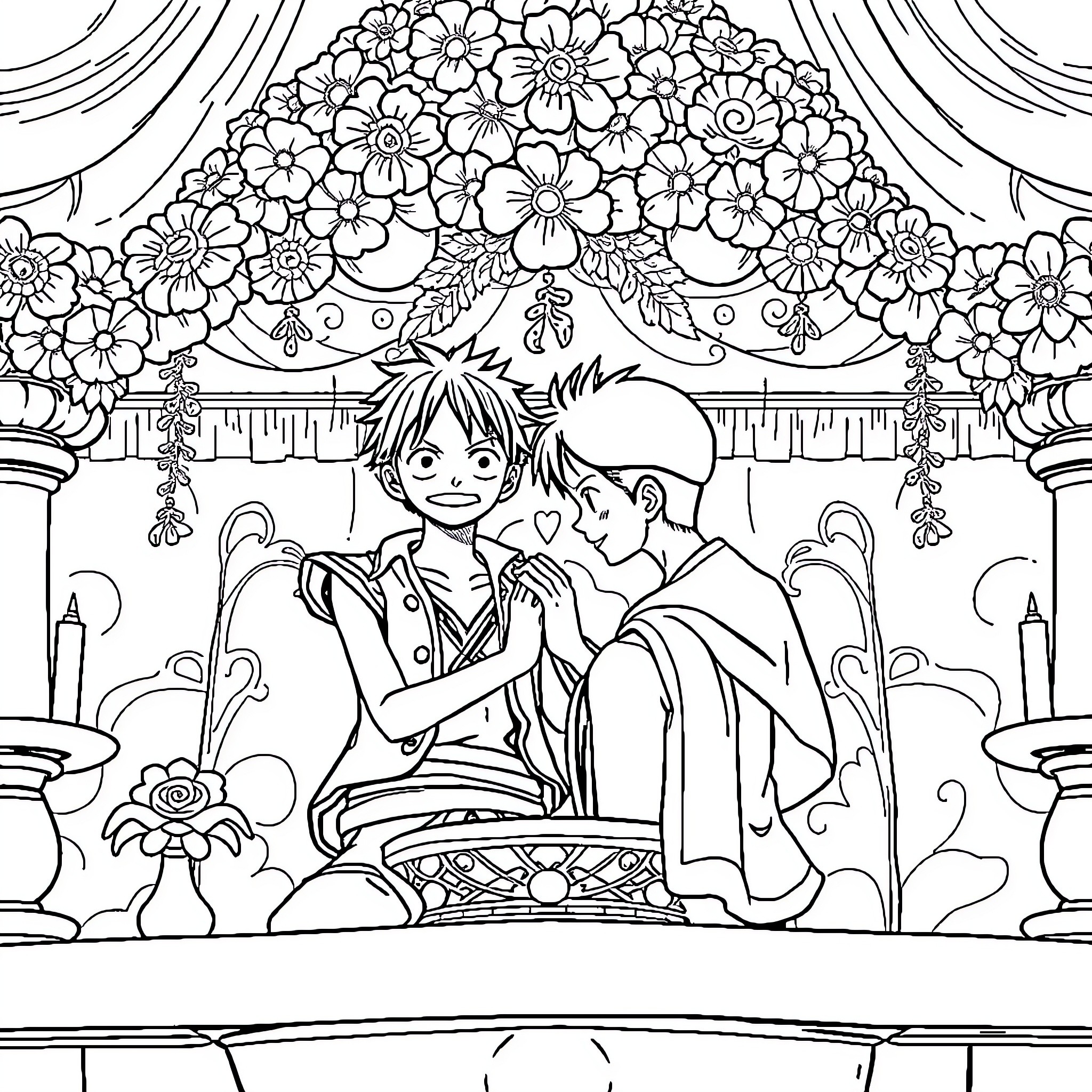 Luffy's Romantic Encounter in a Floral Wonderland Coloring Page (free black-and-white line drawing printable PDF for all, from beginners to advanced learners, including children, teens, adults, and seniors)