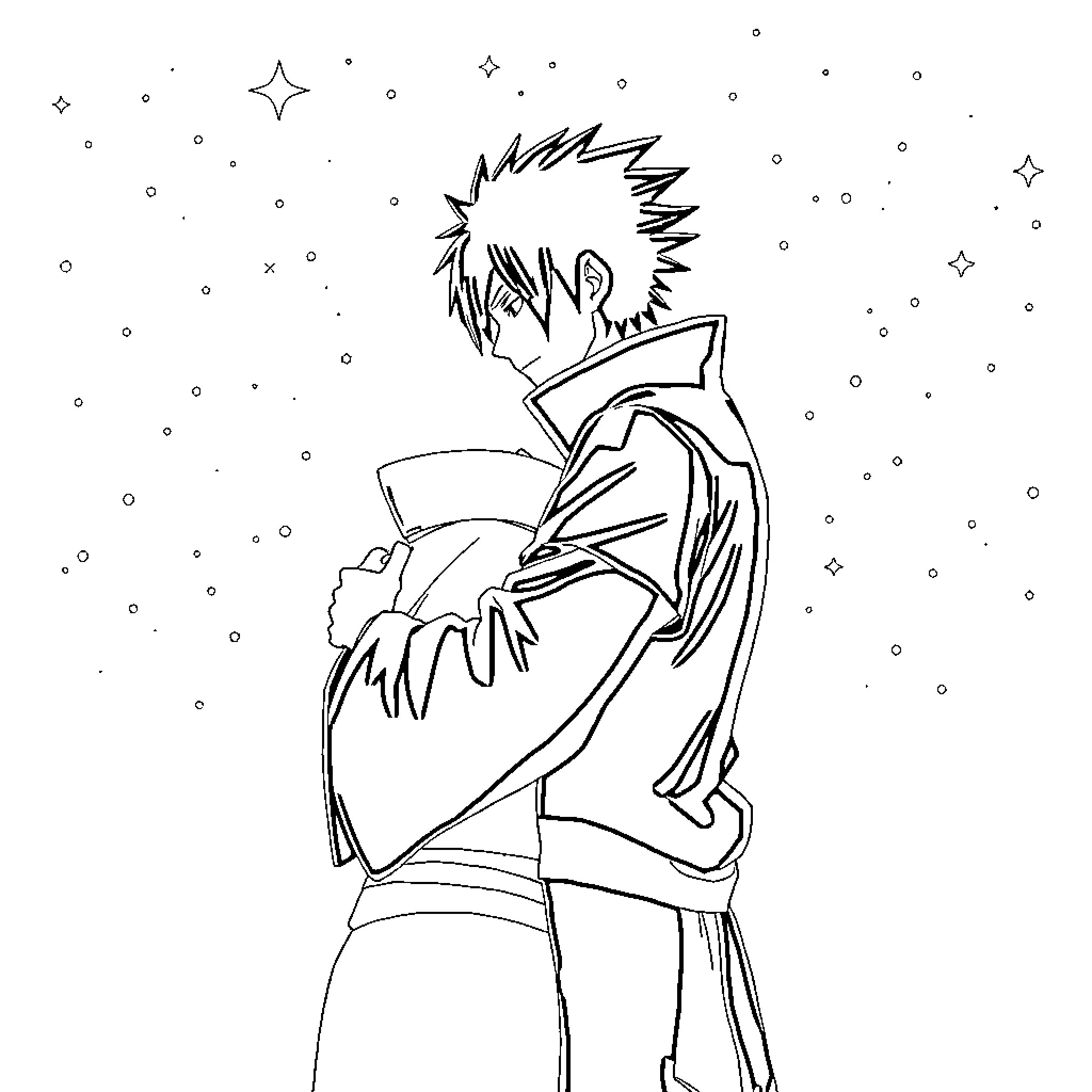 Sasuke gazing up at the starry night sky Coloring Page (free black-and-white line drawing printable PDF for all, from beginners to advanced learners, including children, teens, adults, and seniors)