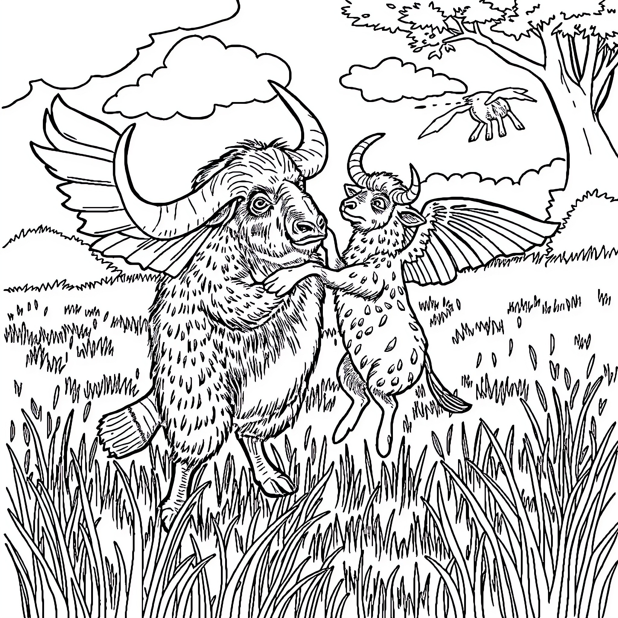 Ram and companion animals in natural setting Coloring Page (free black-and-white line drawing printable PDF for all, from beginners to advanced learners, including children, teens, adults, and seniors)