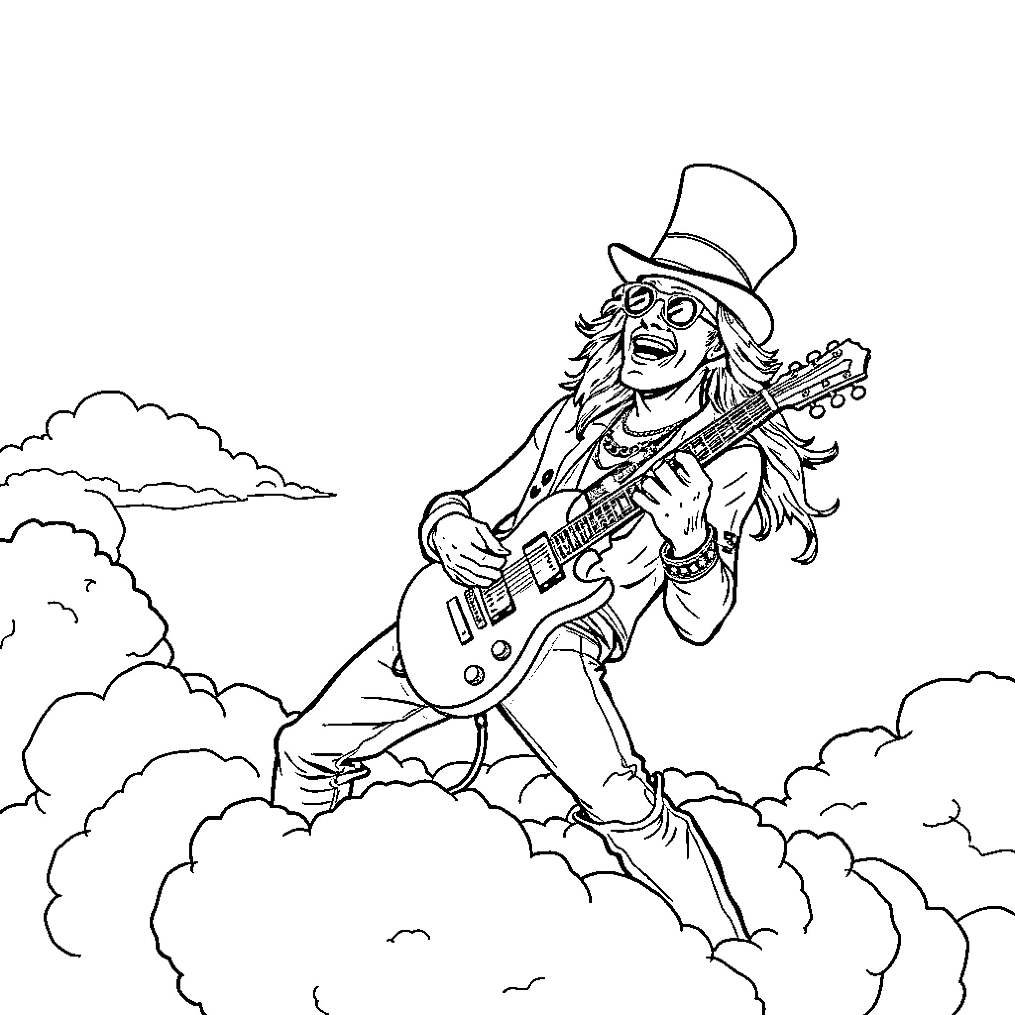 Slash playing guitar in clouds Coloring Page (free black-and-white line drawing printable PDF for all, from beginners to advanced learners, including children, teens, adults, and seniors)