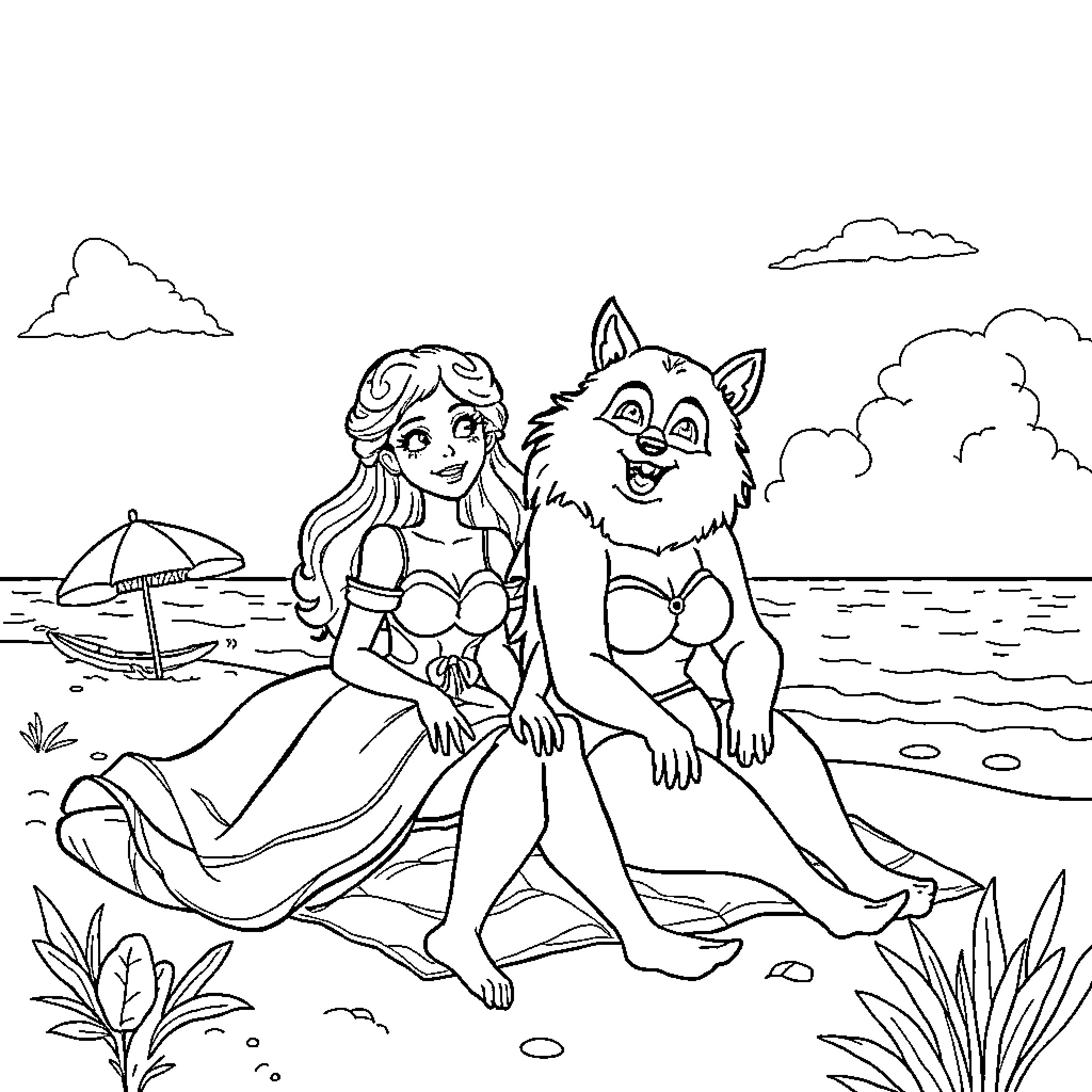 Belle's Beach Adventure with Furry Companion Coloring Page (free black-and-white line drawing printable PDF for all, from beginners to advanced learners, including children, teens, adults, and seniors)