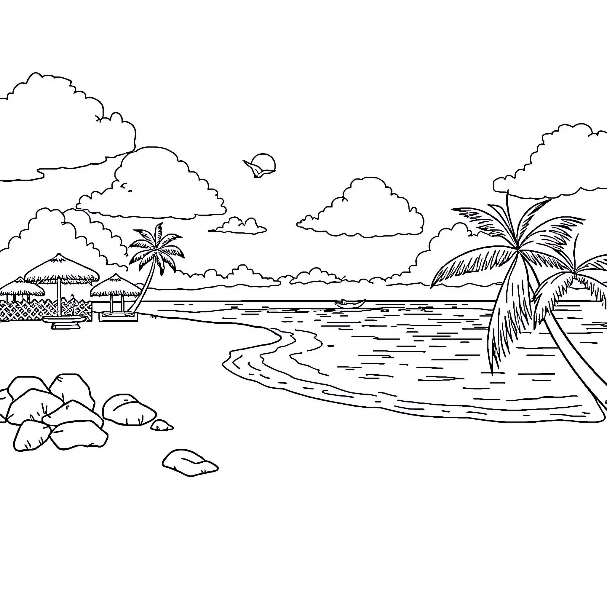 Beach scene with palm trees and hut Coloring Page (free black-and-white line drawing printable PDF for all, from beginners to advanced learners, including children, teens, adults, and seniors)