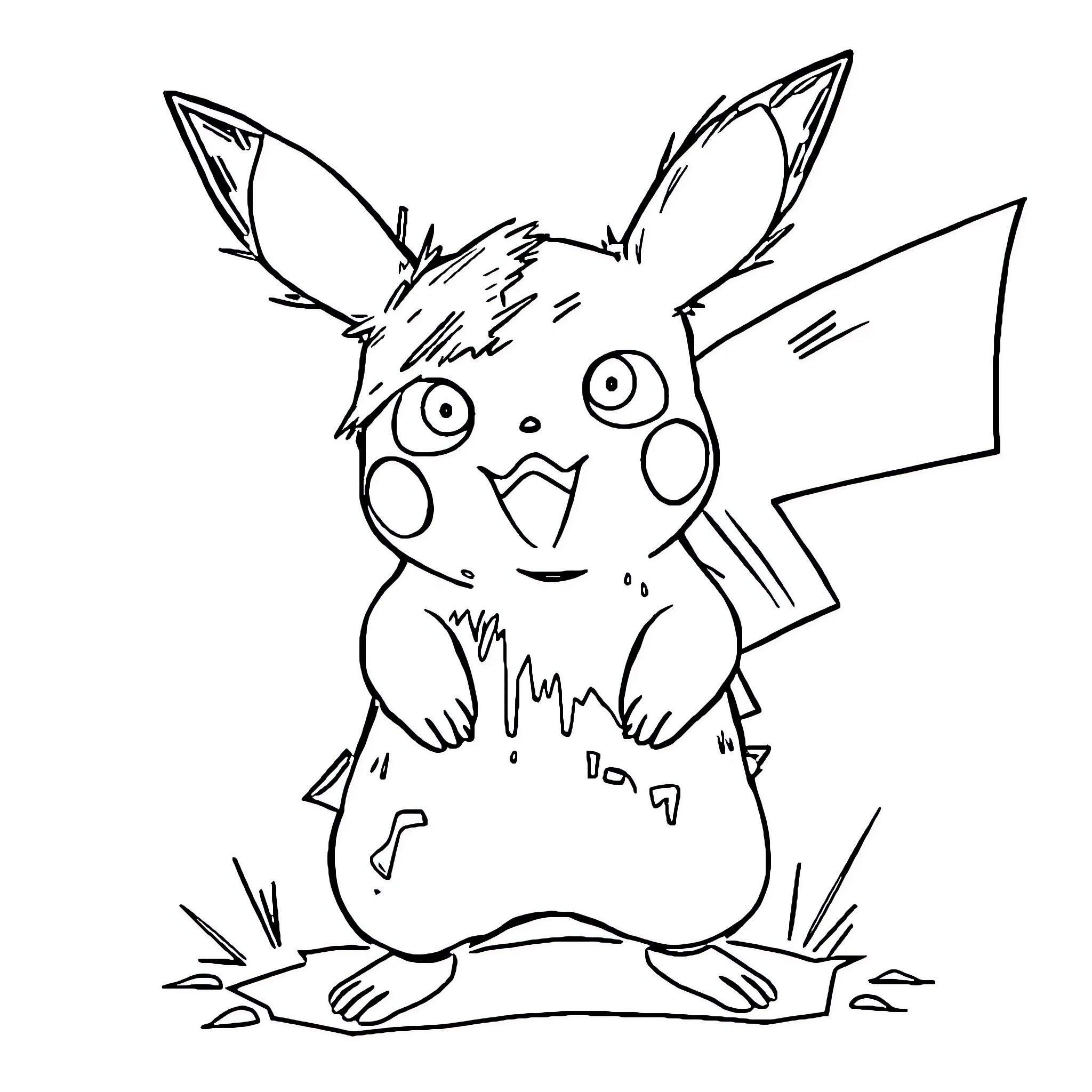Pikachu in a playful and animated pose Coloring Page (free black-and-white line drawing printable PDF for all, from beginners to advanced learners, including children, teens, adults, and seniors)