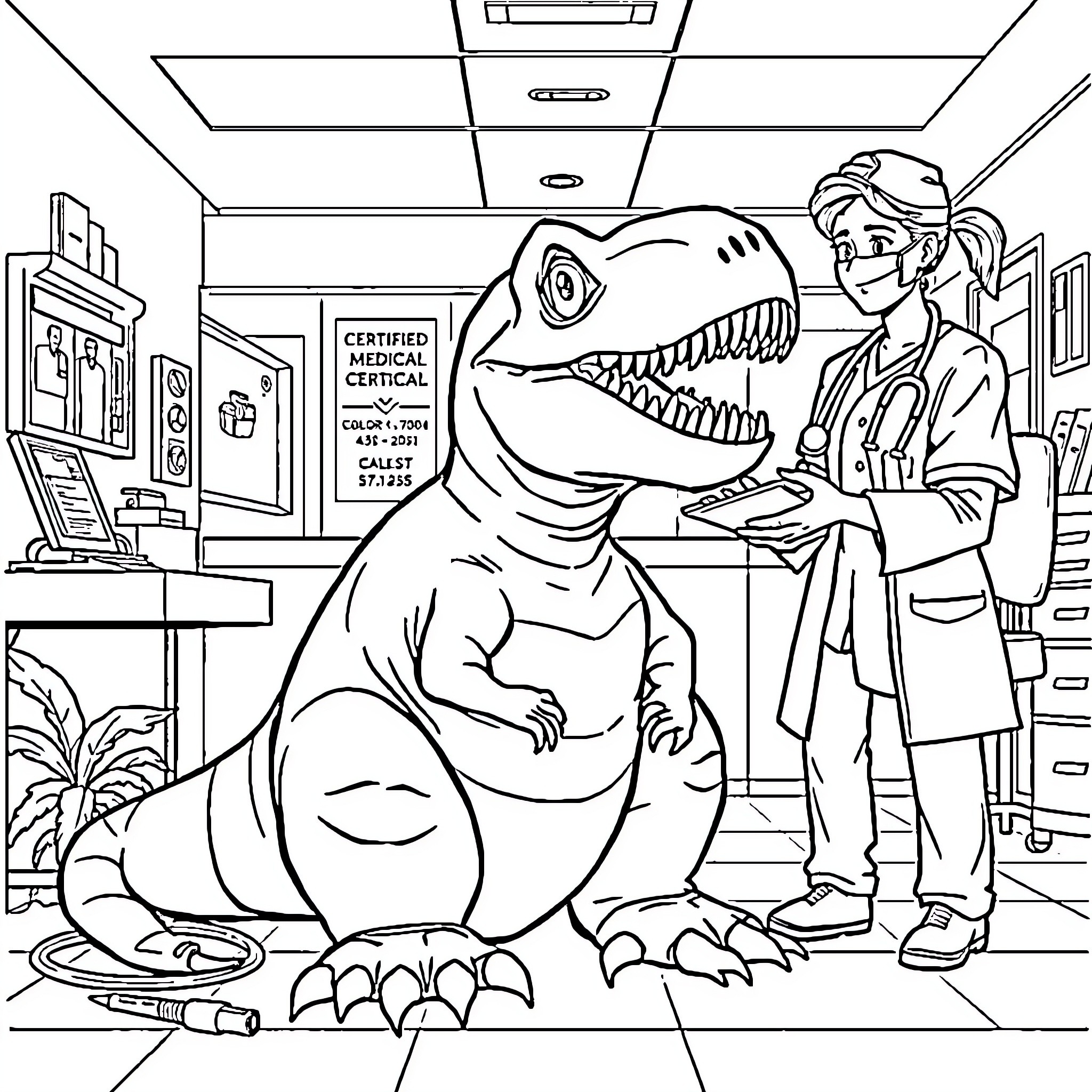 T-Rex Visits Certified Medical Specialist in Clinic Coloring Page (free black-and-white line drawing printable PDF for all, from beginners to advanced learners, including children, teens, adults, and seniors)