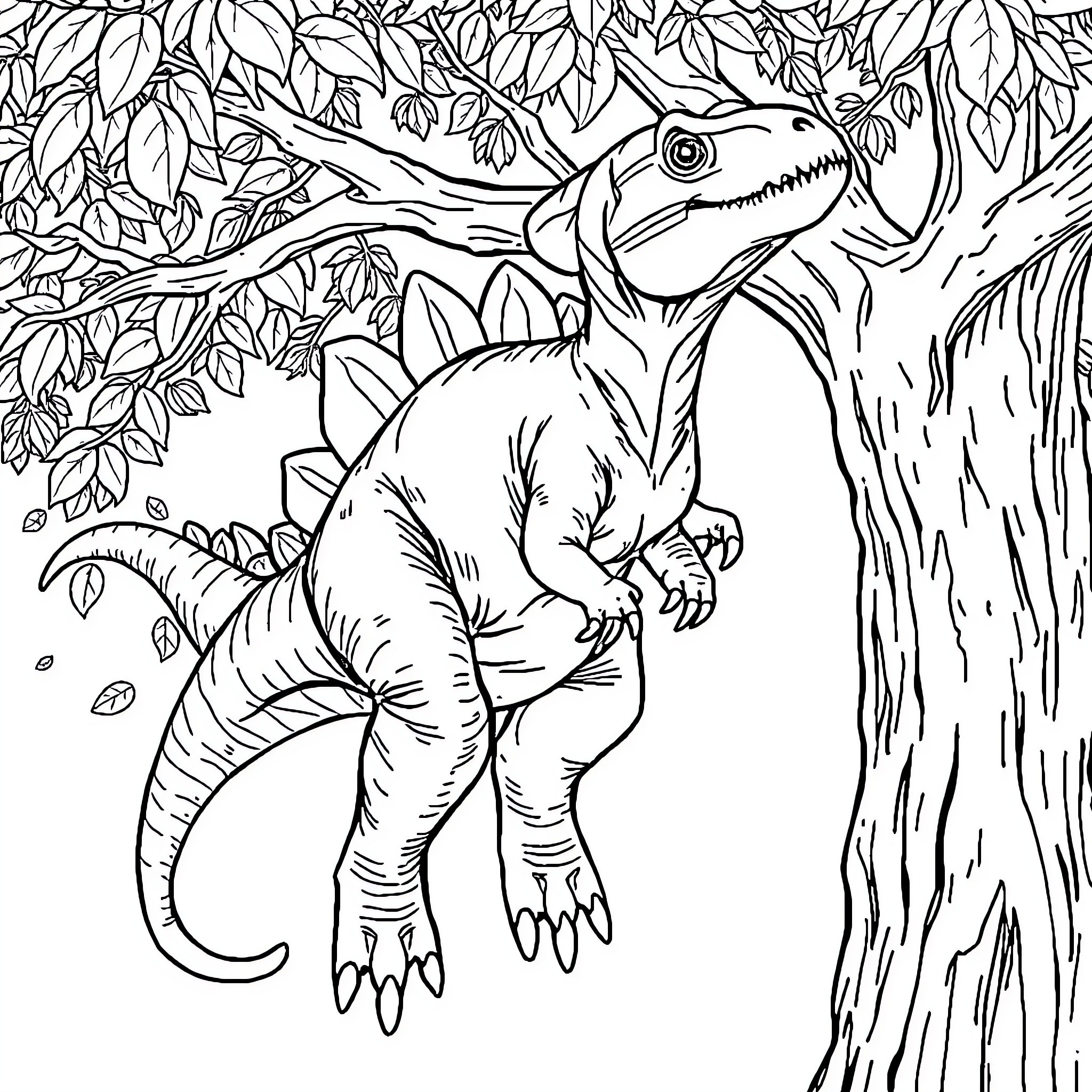 Tyrannosaurus exploring the lush jungle foliage Coloring Page (free black-and-white line drawing printable PDF for all, from beginners to advanced learners, including children, teens, adults, and seniors)