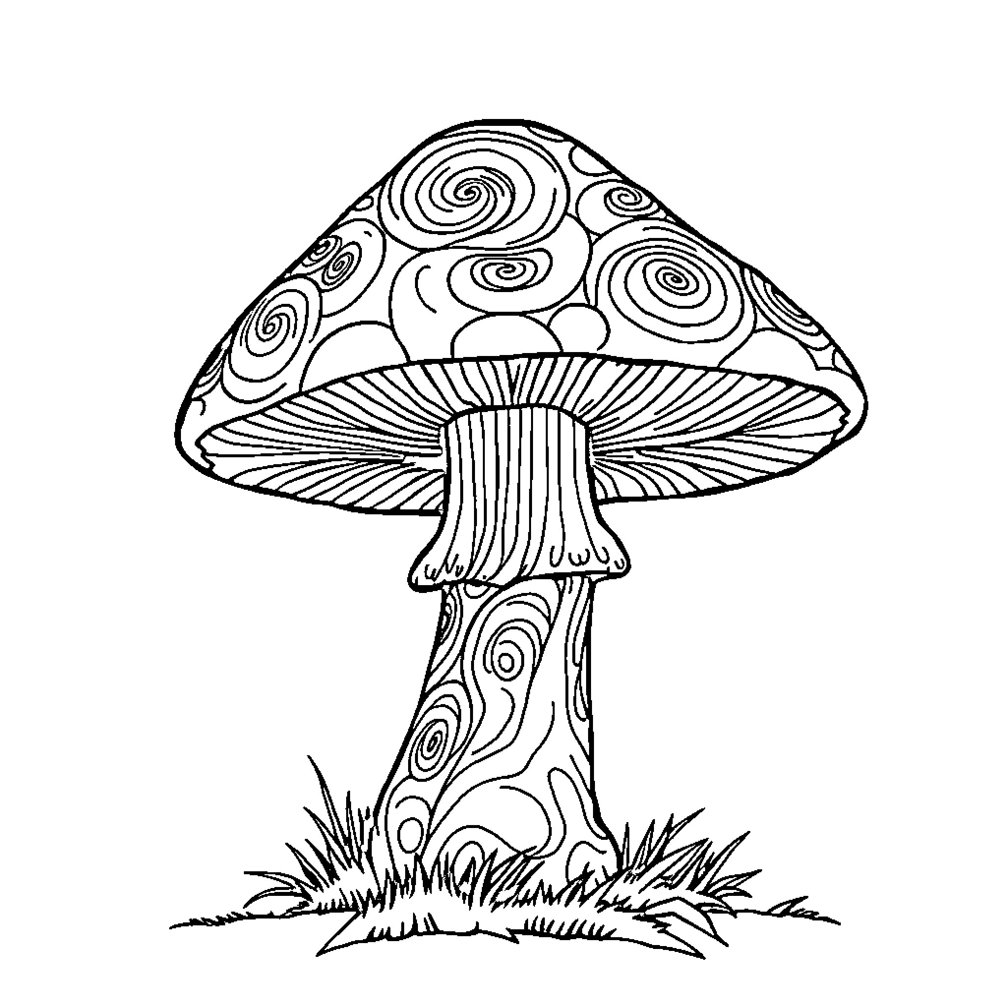 Mushroom with intricate swirling patterns Coloring Page (free black-and-white line drawing printable PDF for all, from beginners to advanced learners, including children, teens, adults, and seniors)