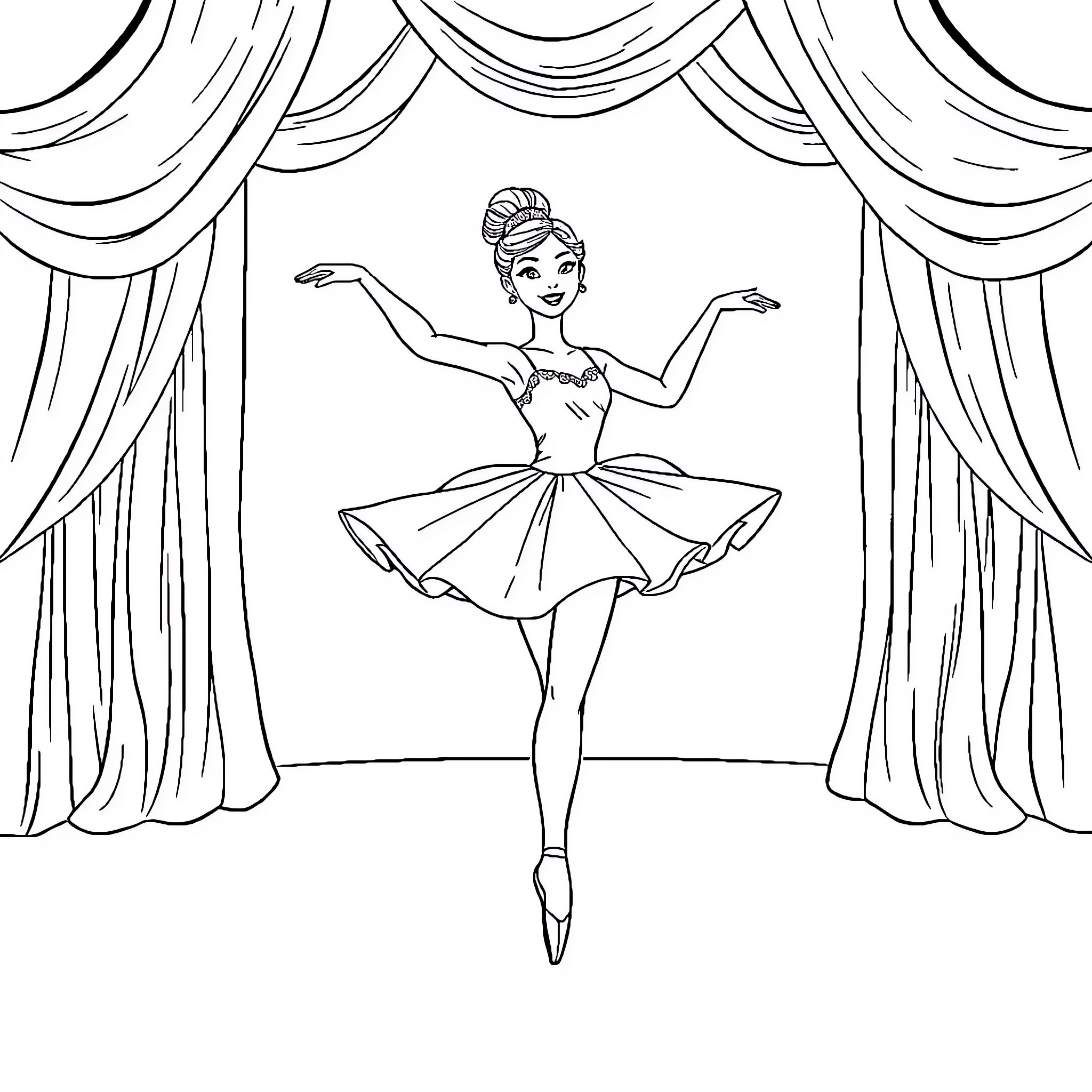 Ballerina dancing gracefully on stage Coloring Page (free black-and-white line drawing printable PDF for all, from beginners to advanced learners, including children, teens, adults, and seniors)