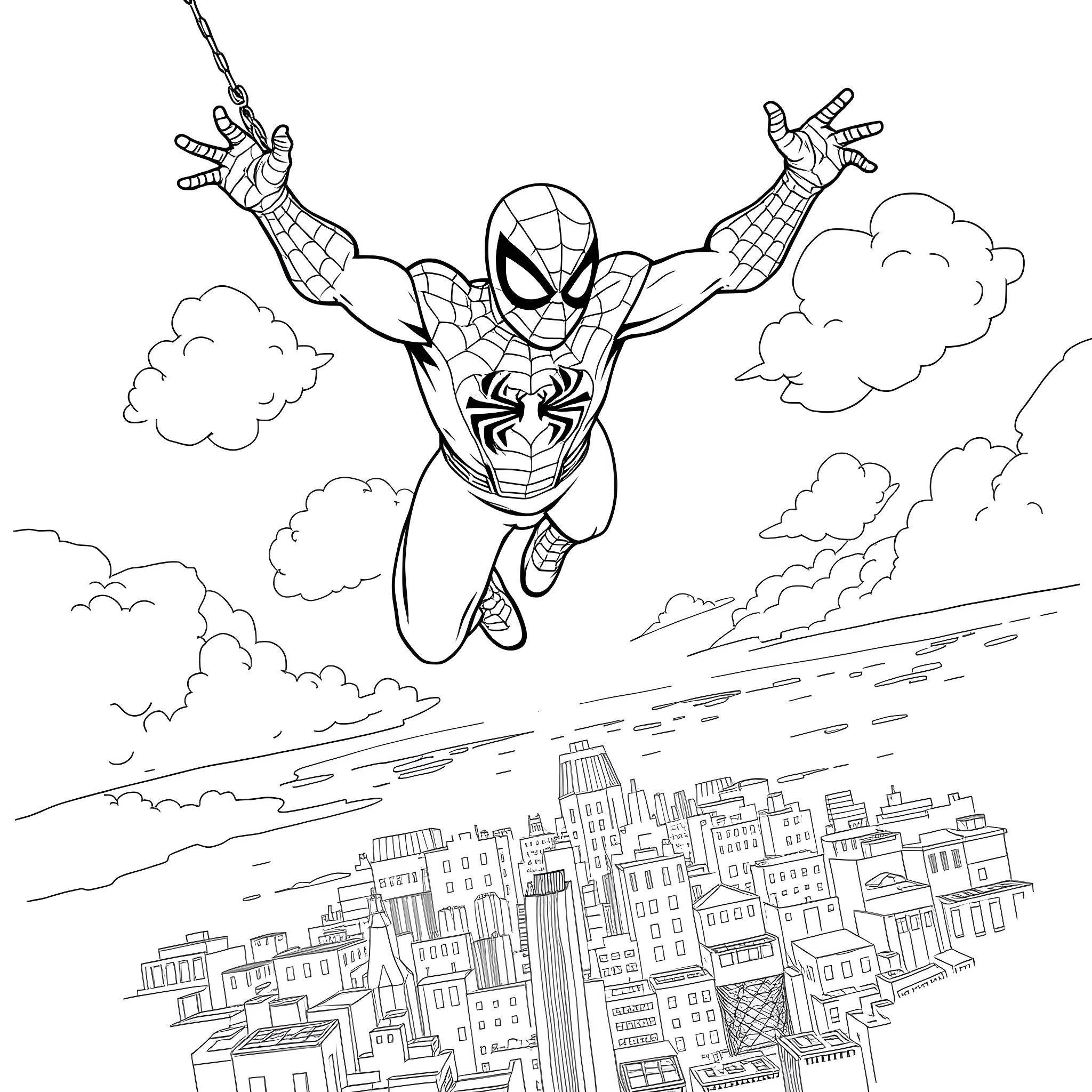 Spider-Man swinging through the city with heroic poses Coloring Page (free black-and-white line drawing printable PDF for all, from beginners to advanced learners, including children, teens, adults, and seniors)