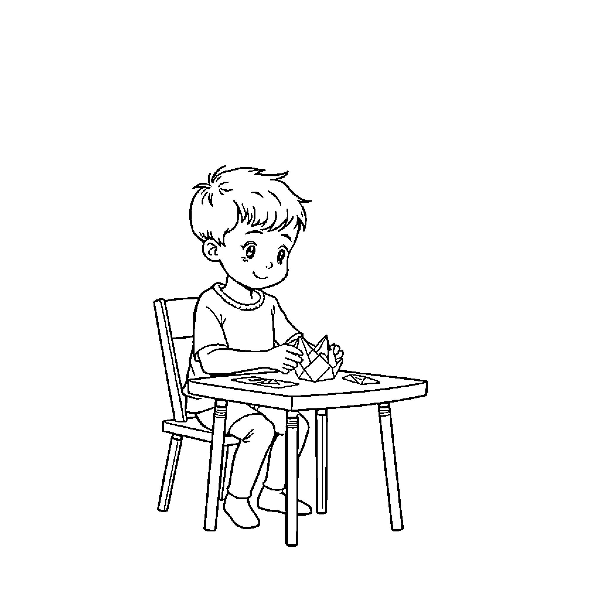 Boy diligently working on craft project Coloring Page (free black-and-white line drawing printable PDF for all, from beginners to advanced learners, including children, teens, adults, and seniors)