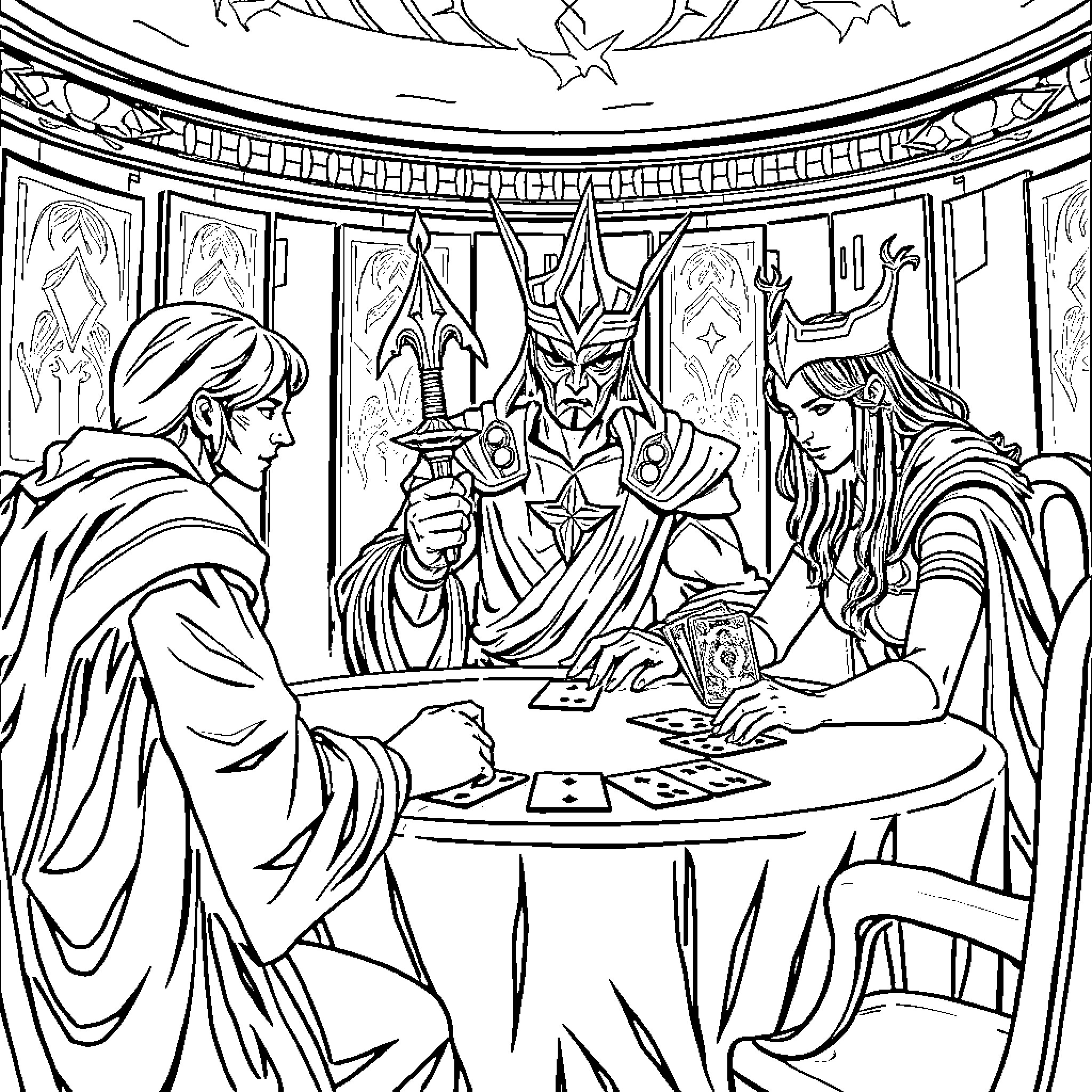 Justice League Gathering in Ornate Chamber Coloring Page (free black-and-white line drawing printable PDF for all, from beginners to advanced learners, including children, teens, adults, and seniors)
