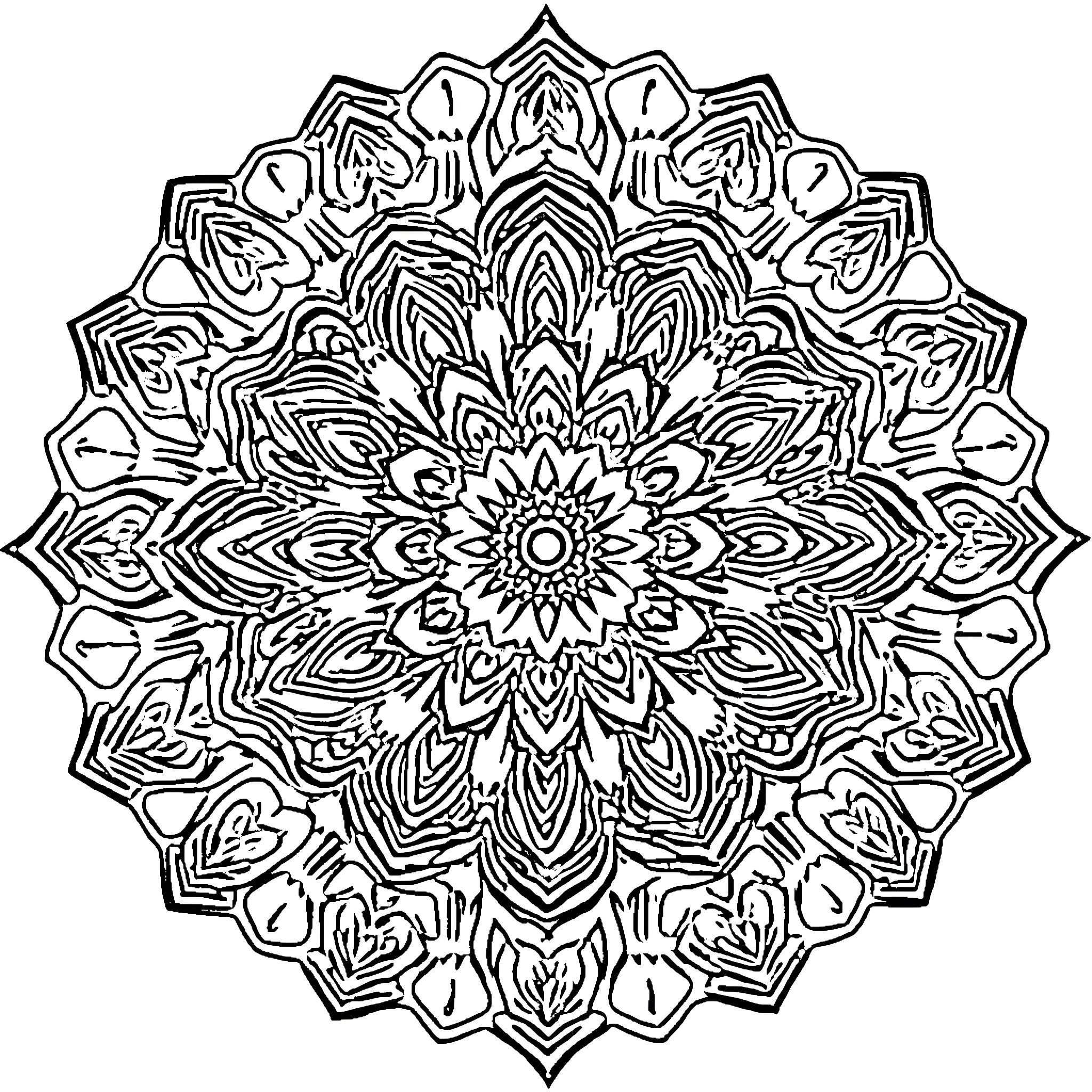 Mandala of intricate floral patterns and geometric shapes Coloring Page (free black-and-white line drawing printable PDF for all, from beginners to advanced learners, including children, teens, adults, and seniors)