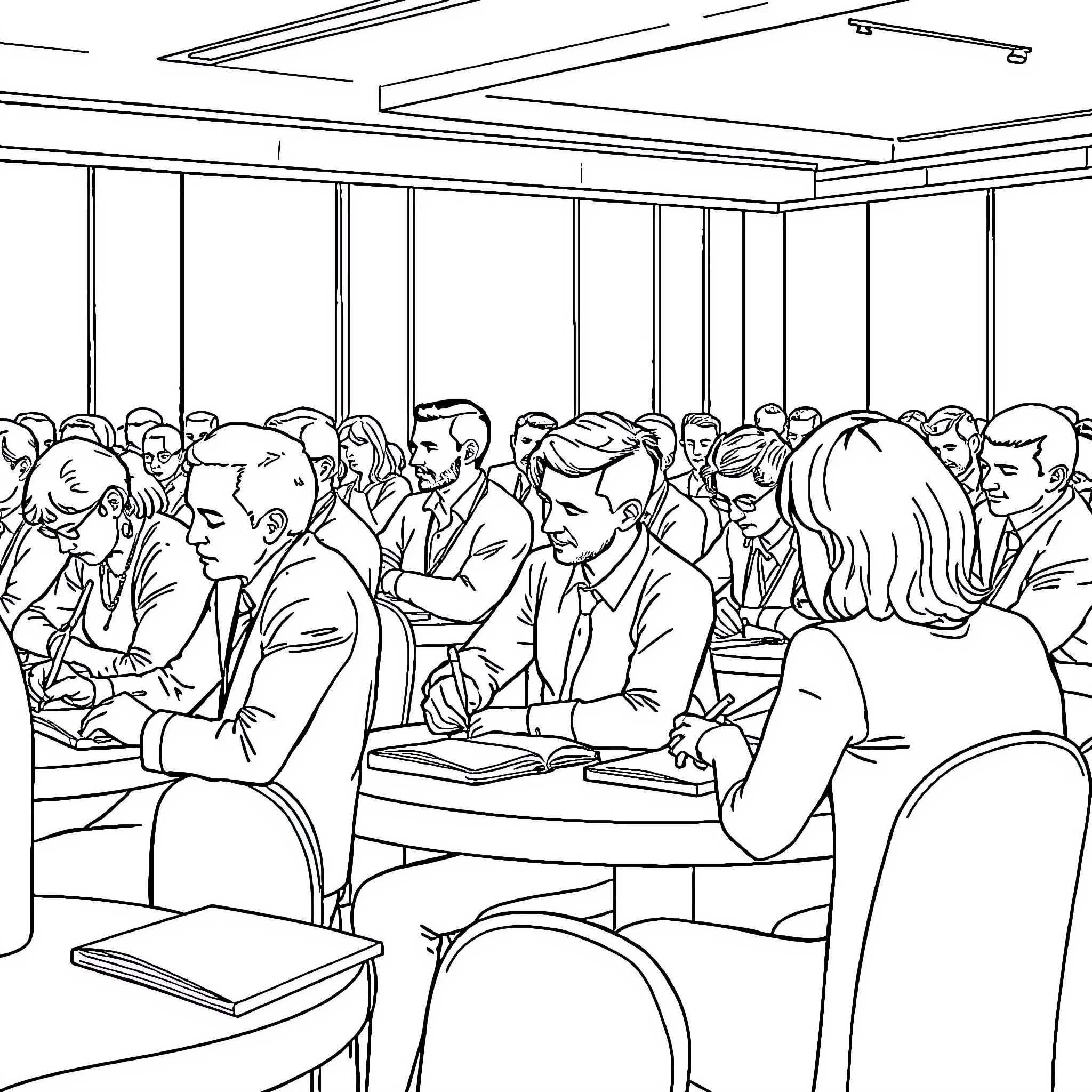 Person studying in a classroom Coloring Page (free black-and-white line drawing printable PDF for all, from beginners to advanced learners, including children, teens, adults, and seniors)