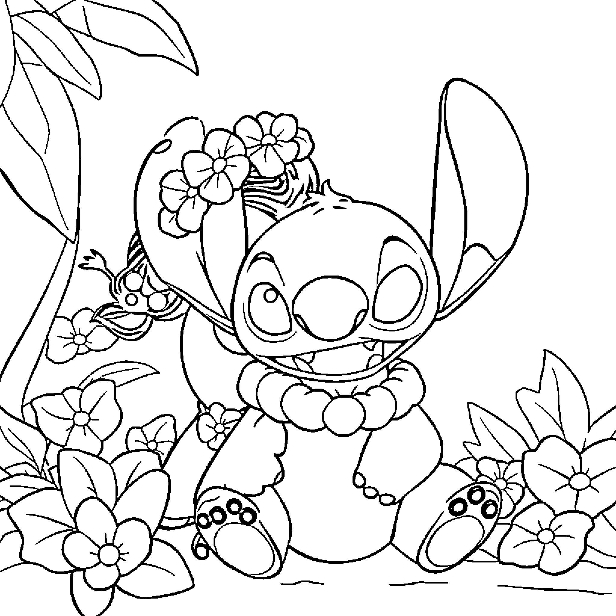 Lilo And Stitch Enjoying Flowers in the Jungle Coloring Page (free black-and-white line drawing printable PDF for all, from beginners to advanced learners, including children, teens, adults, and seniors)