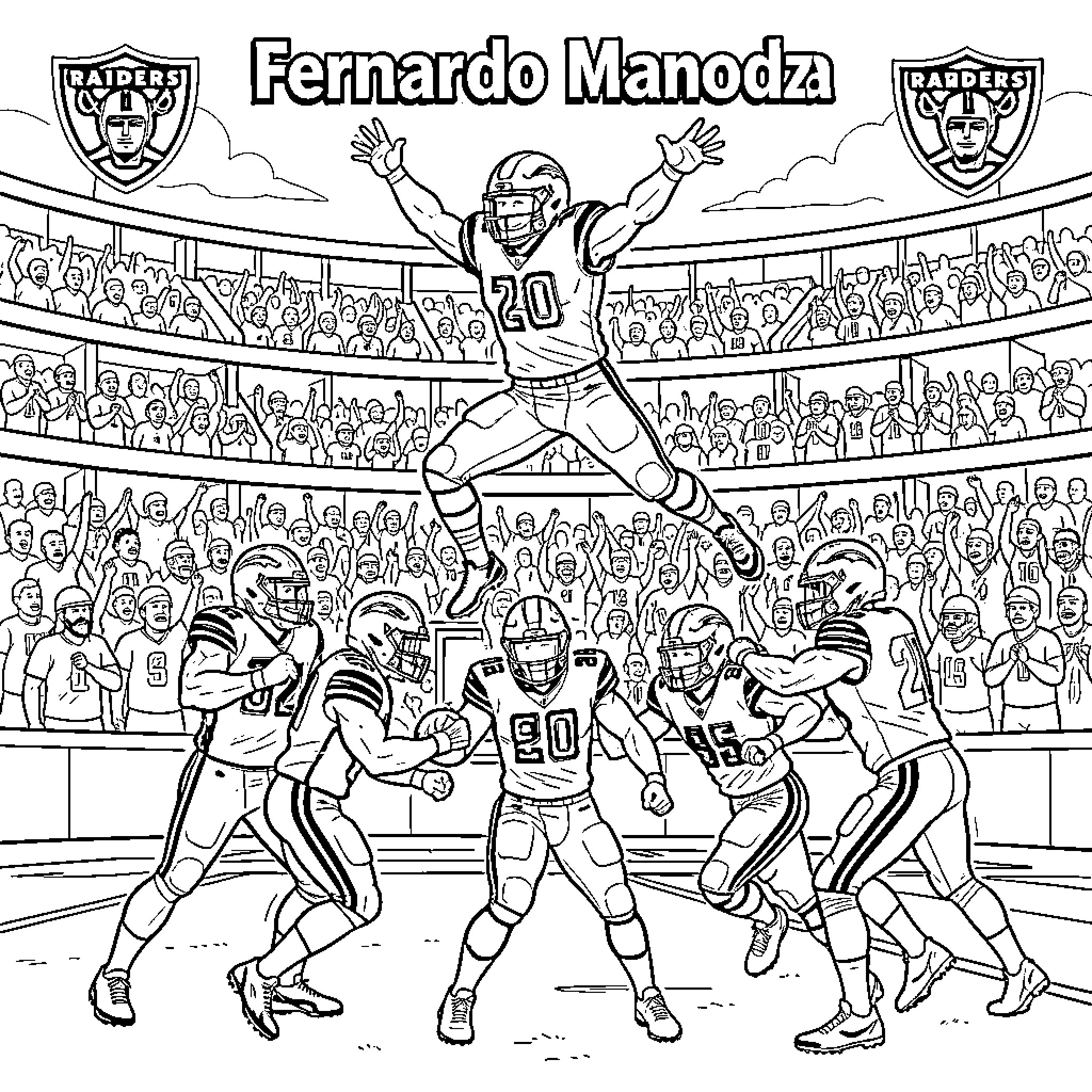 Fernando Mendoza celebrating a touchdown in a football stadium Coloring Page (free black-and-white line drawing printable PDF for all, from beginners to advanced learners, including children, teens, adults, and seniors)