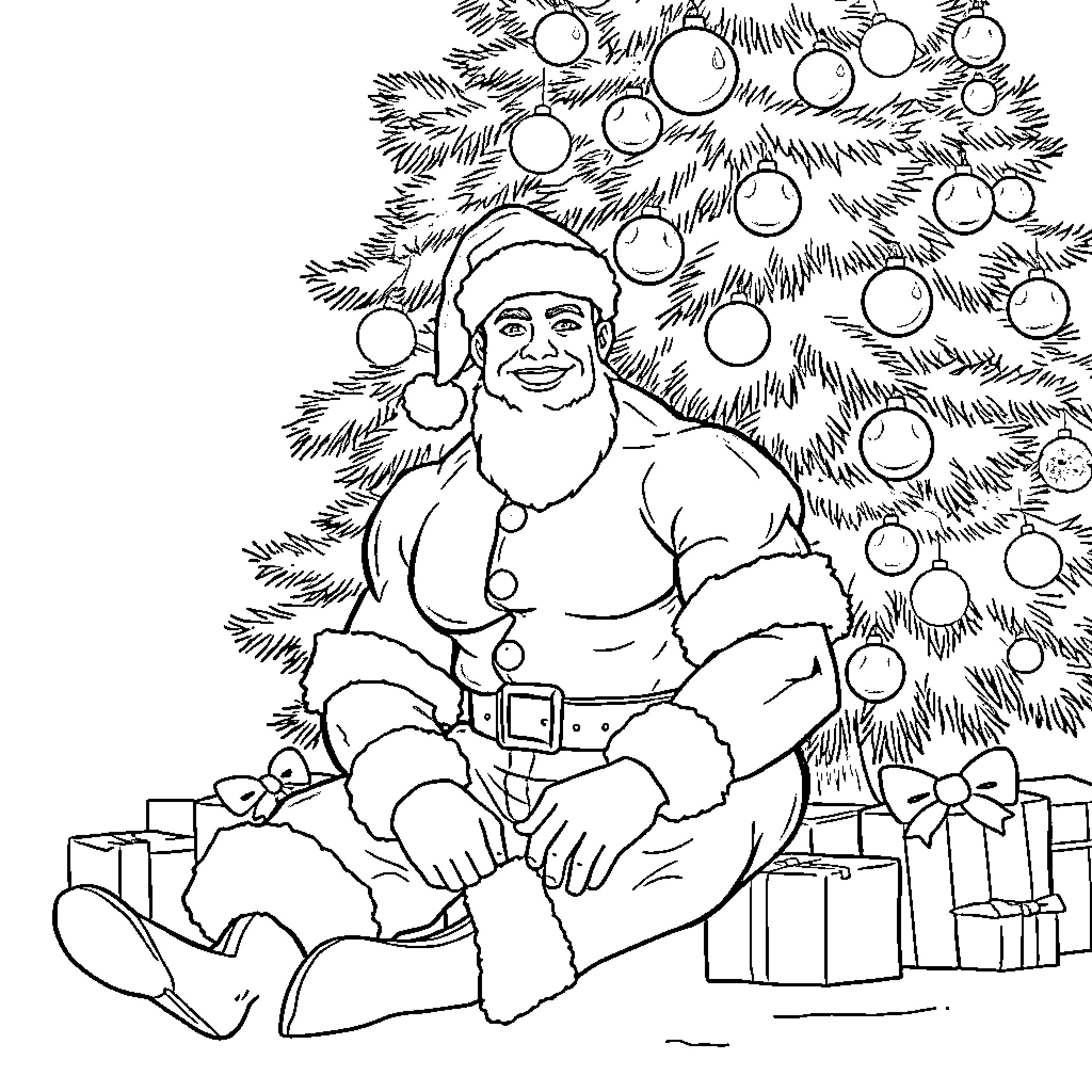 Man in Santa Claus costume near decorated Christmas tree Coloring Page (free black-and-white line drawing printable PDF for all, from beginners to advanced learners, including children, teens, adults, and seniors)